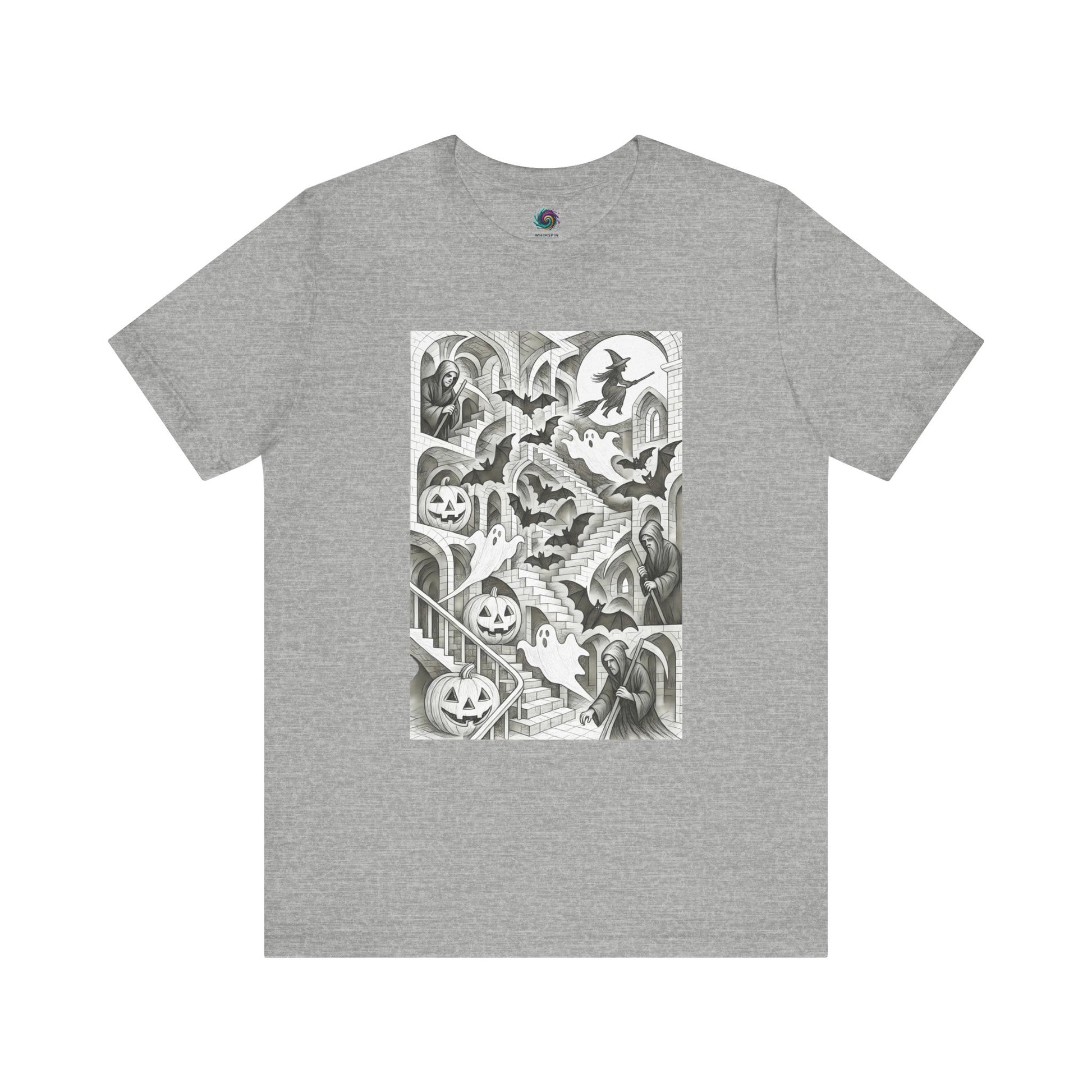 Grey t-shirt with ghostly MC Escher stair pattern and haunted hall