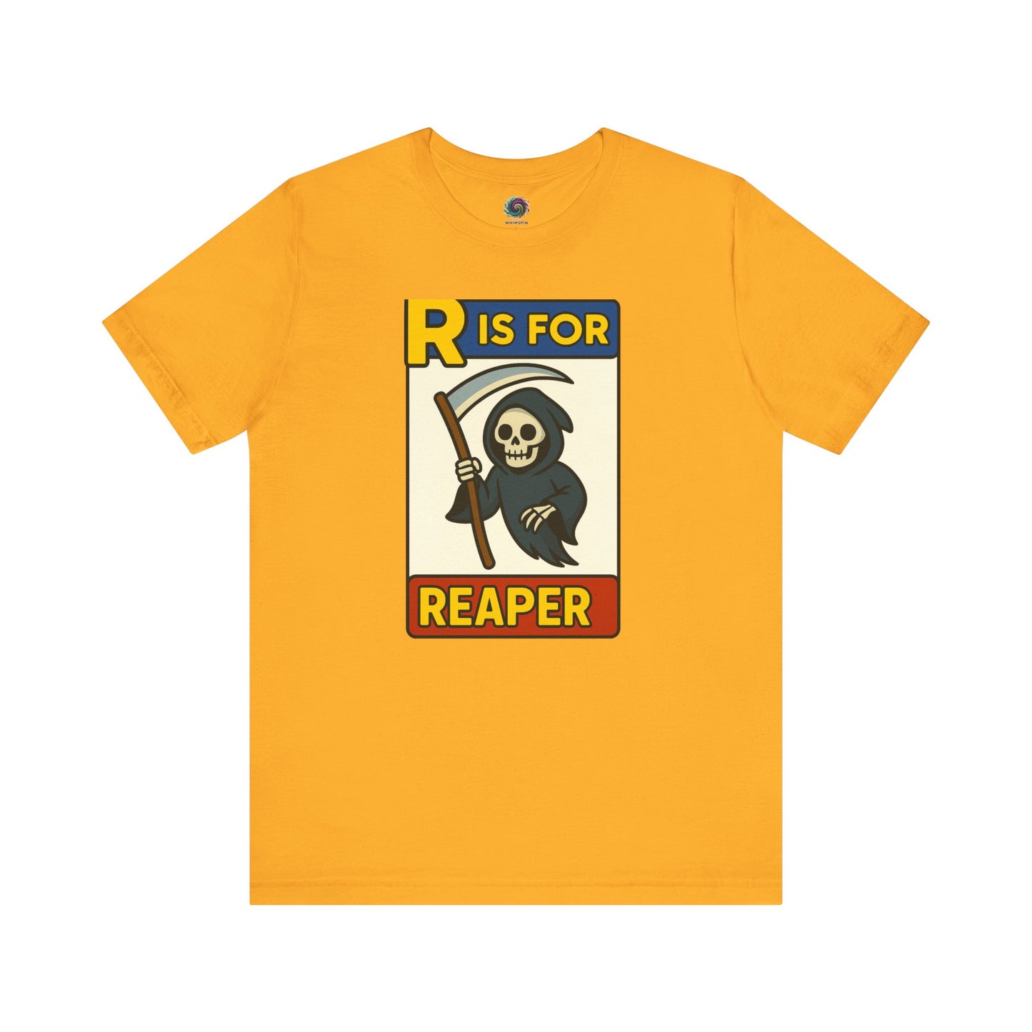 R Is For Reaper T-Shirt – Cute Grim Reaper Shirt from the Monster Alphabet Series in bold gold with a vintage-style reaper illustration