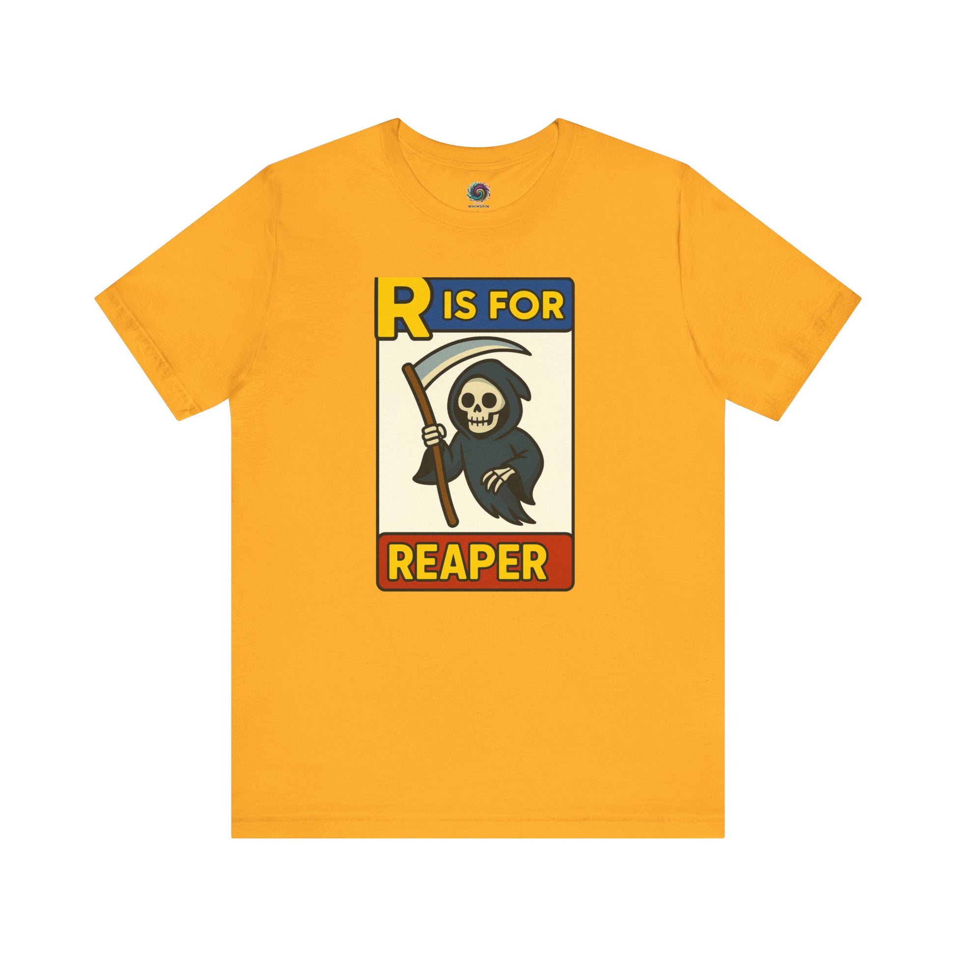 R Is For Reaper T-Shirt – Cute Grim Reaper Shirt from the Monster Alphabet Series in bold gold with a vintage-style reaper illustration