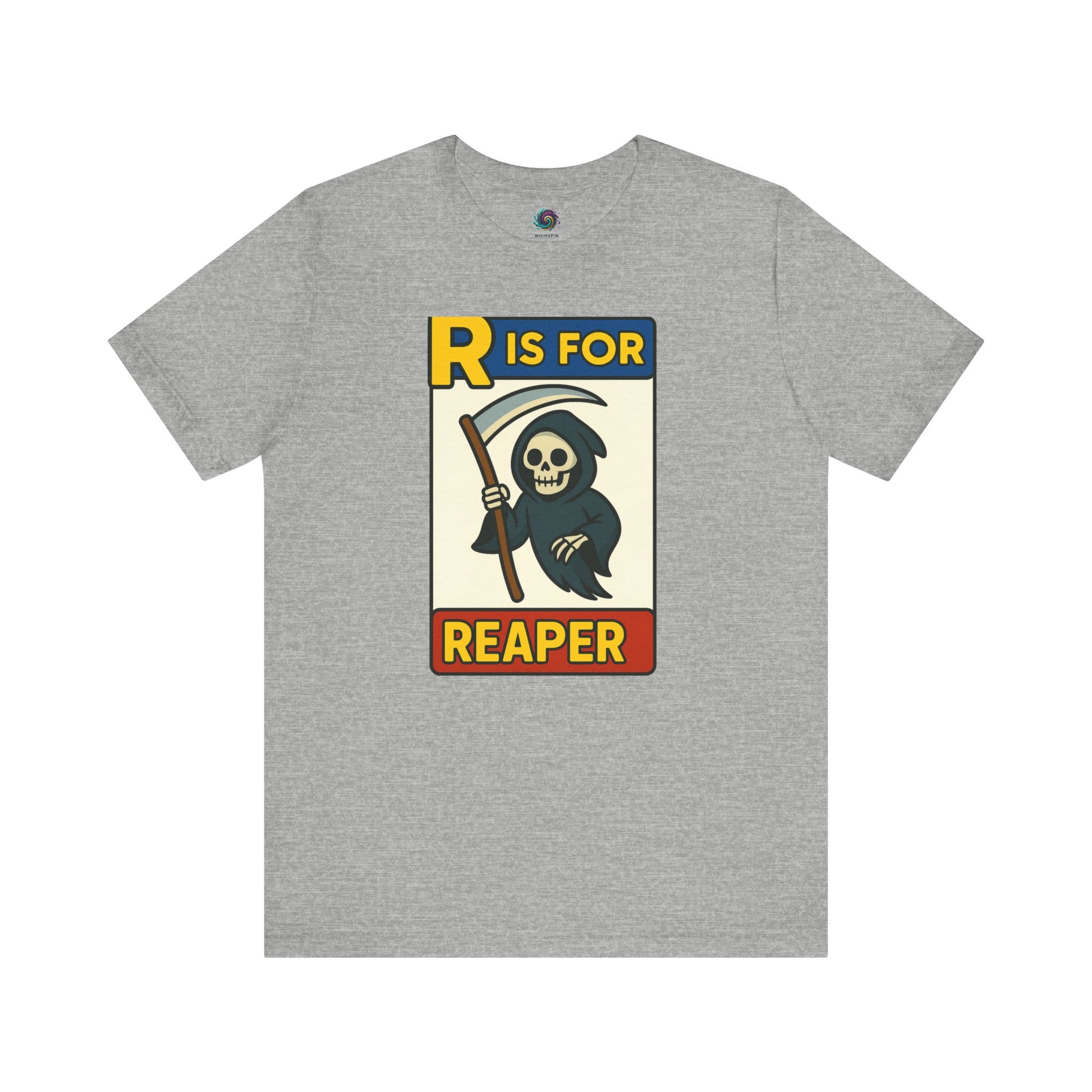 R Is For Reaper T-Shirt – Cute Grim Reaper Shirt from the Monster Alphabet Series in athletic heather gray with a bright and playful cartoon design