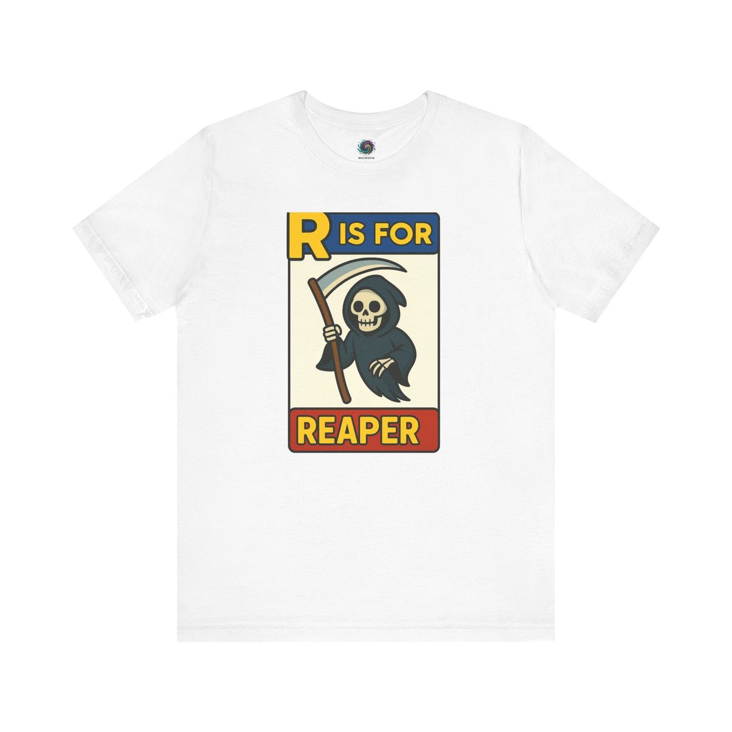 R Is For Reaper T-Shirt – Cute Grim Reaper Shirt from the Monster Alphabet Series in white, featuring the grinning reaper and scythe in comic art style
