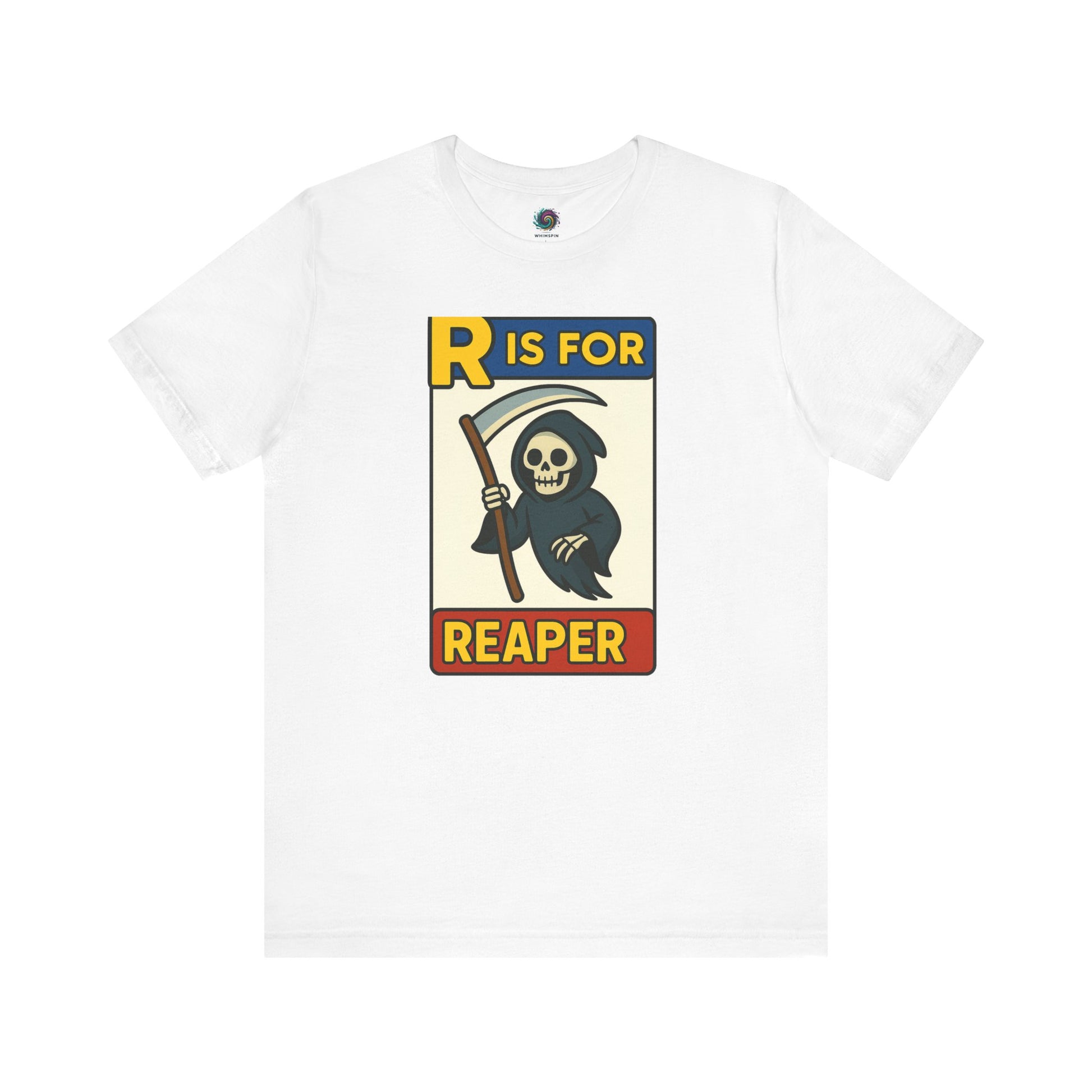 R Is For Reaper T-Shirt – Cute Grim Reaper Shirt from the Monster Alphabet Series in white, featuring the grinning reaper and scythe in comic art style