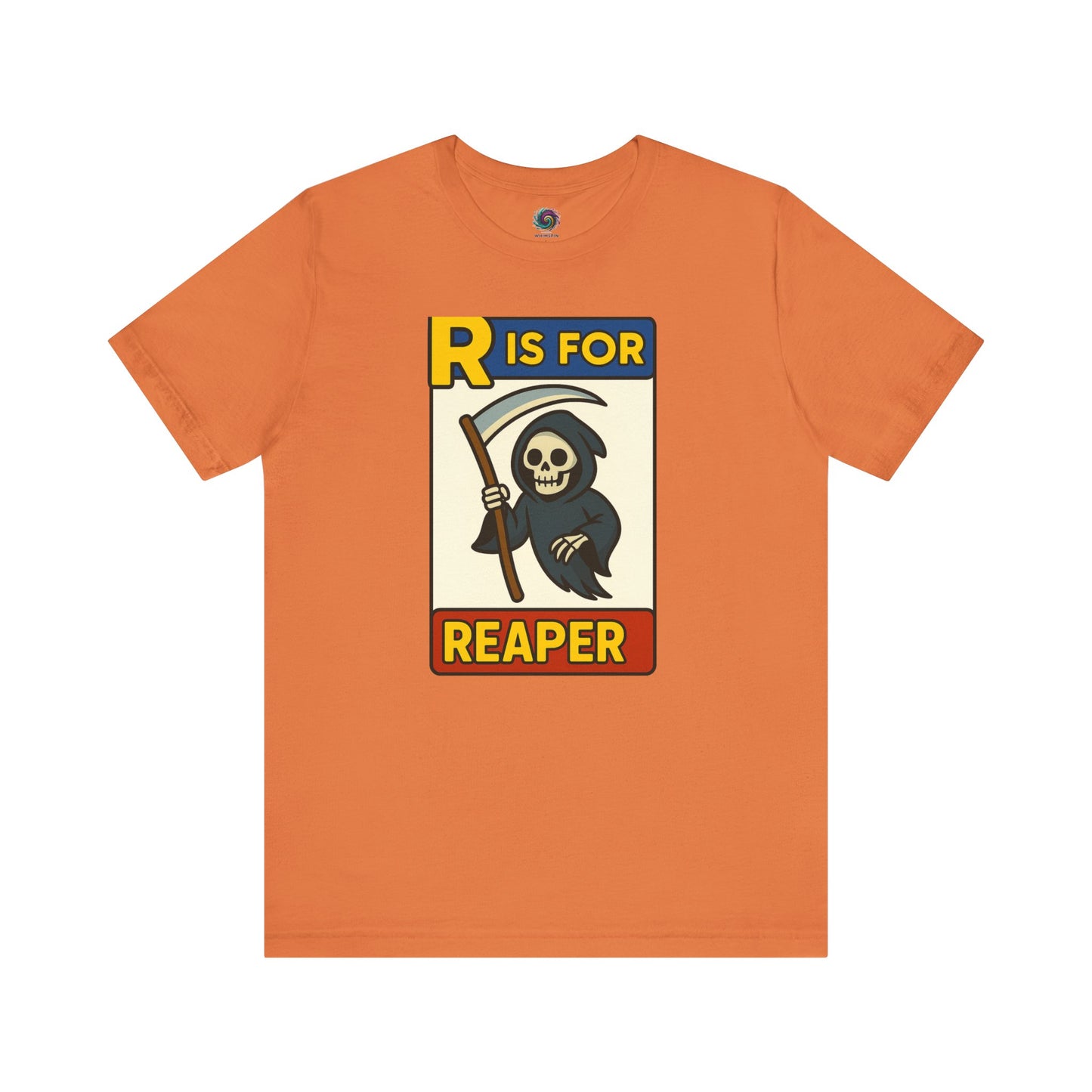 R Is For Reaper T-Shirt – Cute Grim Reaper Shirt from the Monster Alphabet Series in burnt orange, perfect for spooky season style