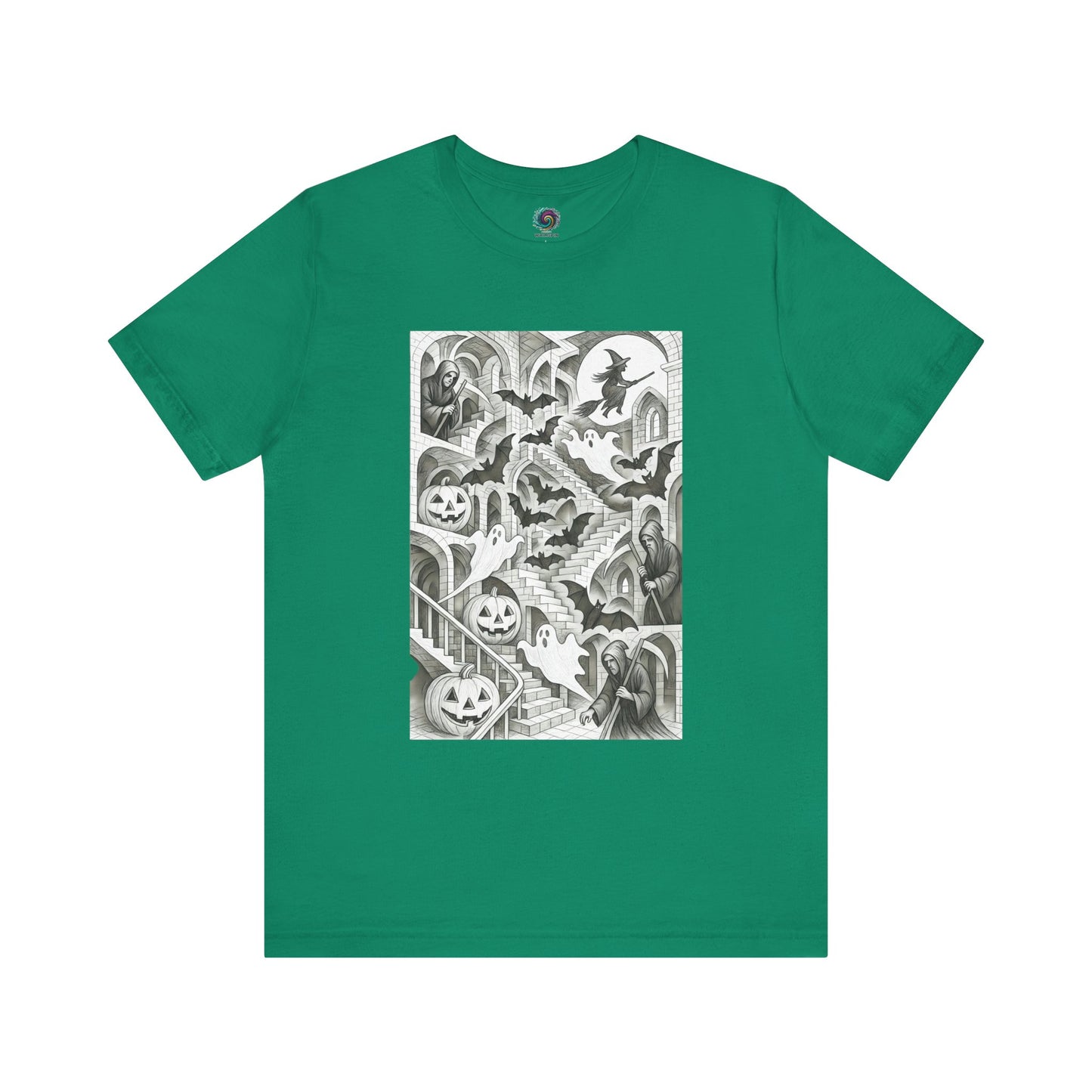 Kelly green t-shirt with Halloween staircase scene inspired by Escher