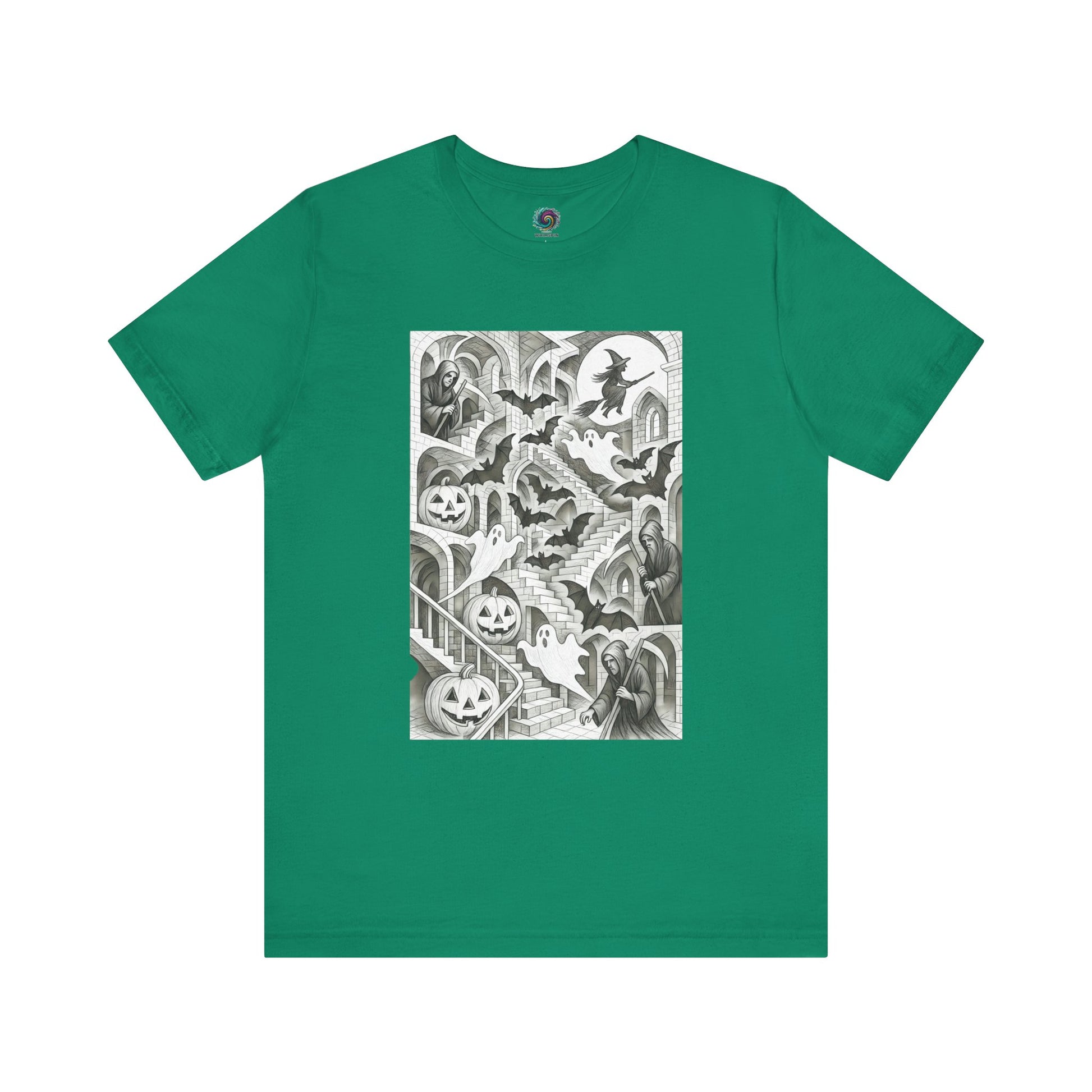 Kelly green t-shirt with Halloween staircase scene inspired by Escher