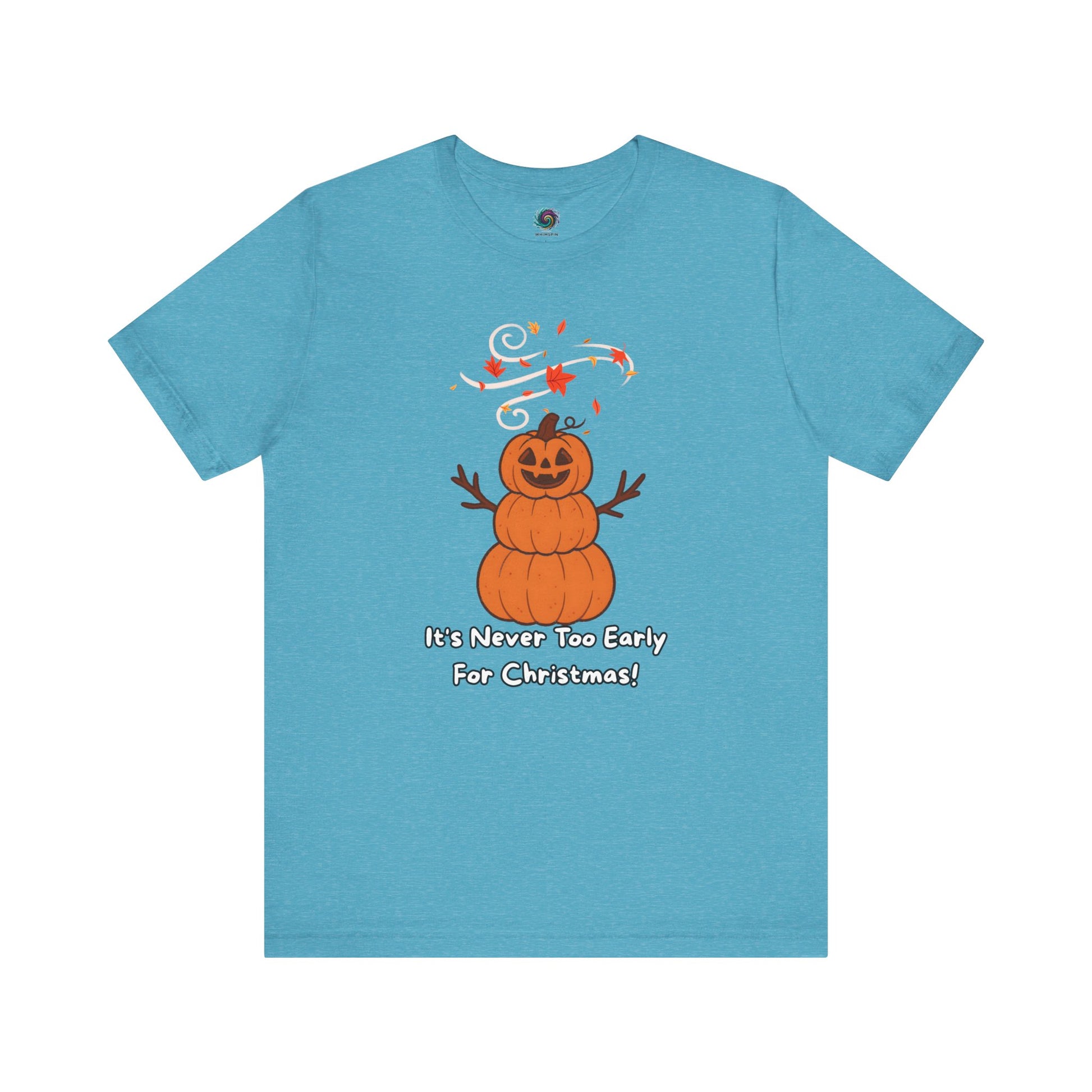 Pumpkin Snowman T-Shirt – It’s Never Too Early for Christmas shown in heather aqua, quirky pumpkin Christmas design with fall leaves.