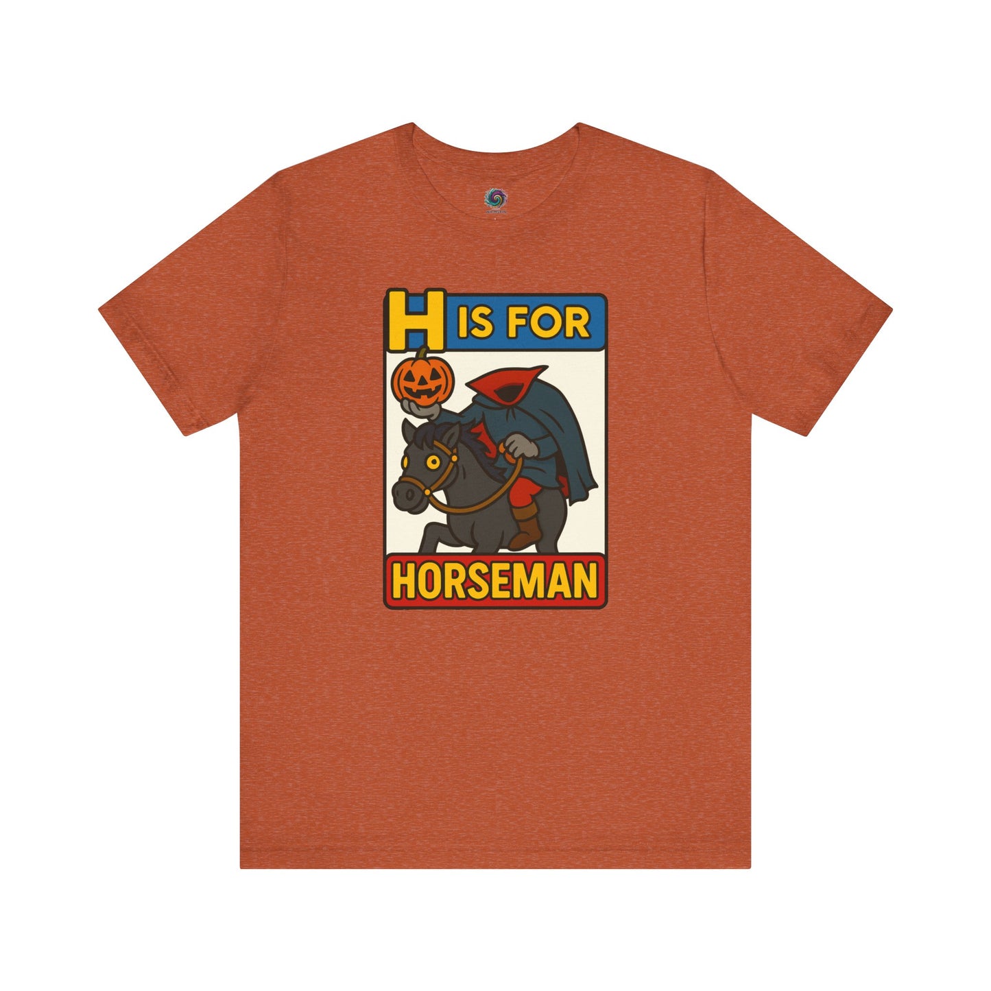 H is for Horseman T-Shirt – Headless Horseman Halloween Tee in heather autumn, flat lay funny headless horseman shirt with pumpkin rider artwork.