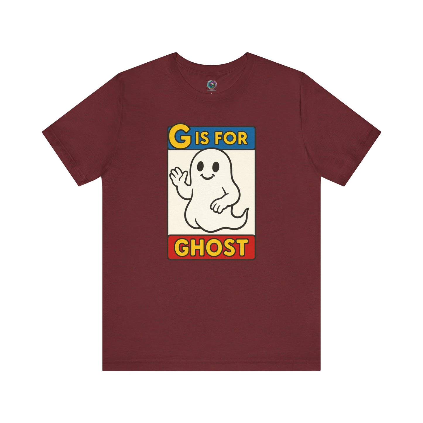 G is for Ghost T-Shirt – Funny Monster Alphabet Halloween Tee in heather cardinal, flat lay cartoon ghost design on ghost alphabet shirt.