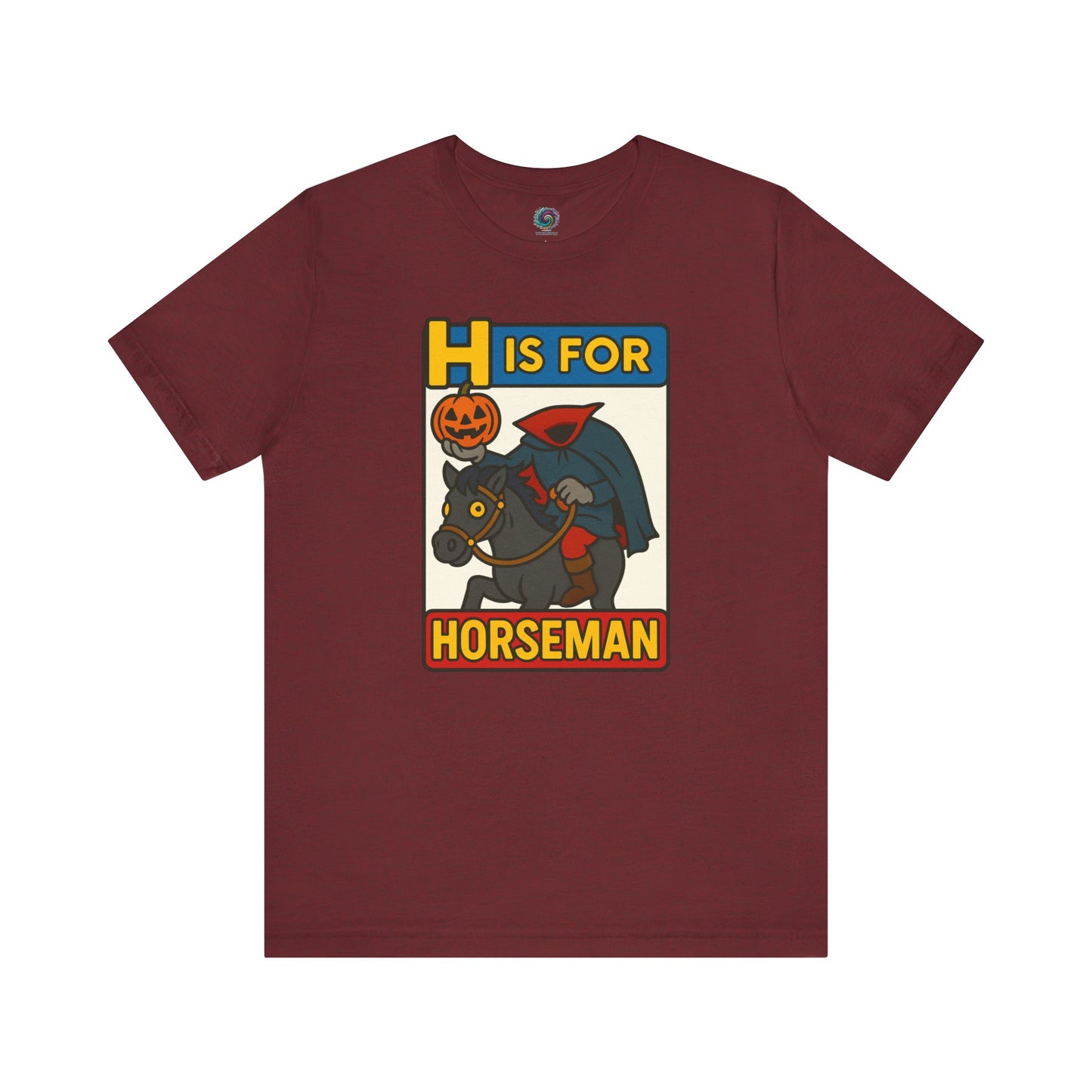 H is for Horseman T-Shirt – Headless Horseman Halloween Tee in heather cardinal, flat lay funny headless horseman shirt with alphabet design.