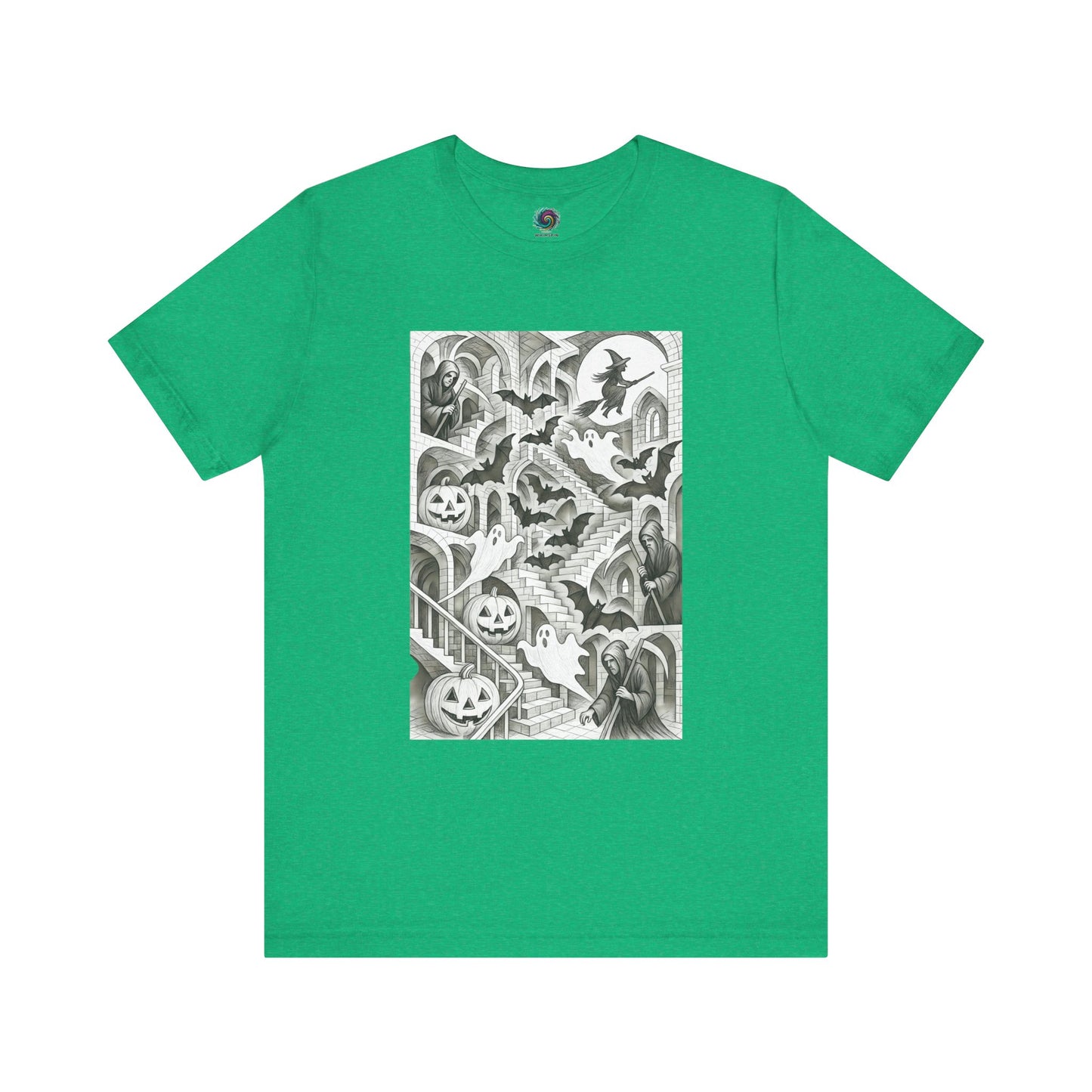 Abstract Escher-inspired haunted stairwell tee in heather green