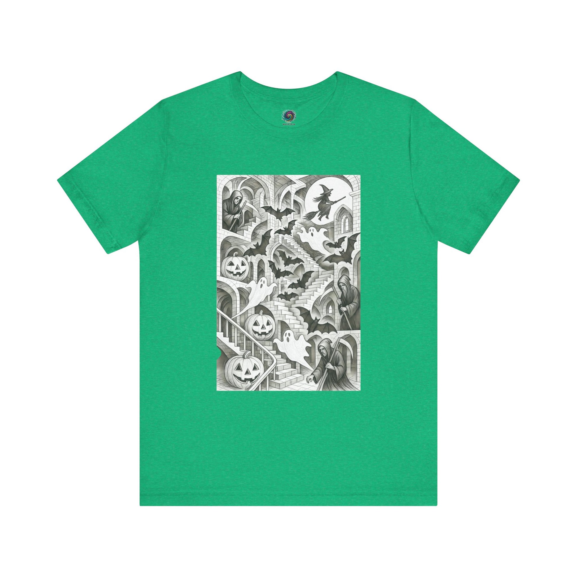 Abstract Escher-inspired haunted stairwell tee in heather green