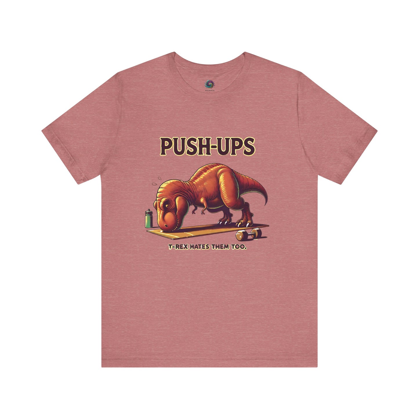 T-Rex Push-Up T-Shirt – Funny Dinosaur Workout Graphic Tee in heather mauve, ideal for those who love funny t rex workout humor.