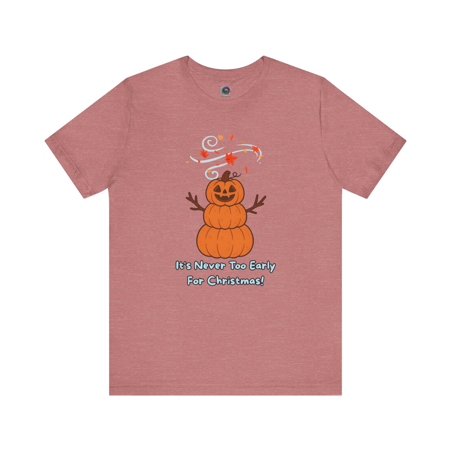 Pumpkin Snowman T-Shirt – It’s Never Too Early for Christmas in heather mauve, fun pumpkin Christmas tee blending Halloween and holiday spirit.