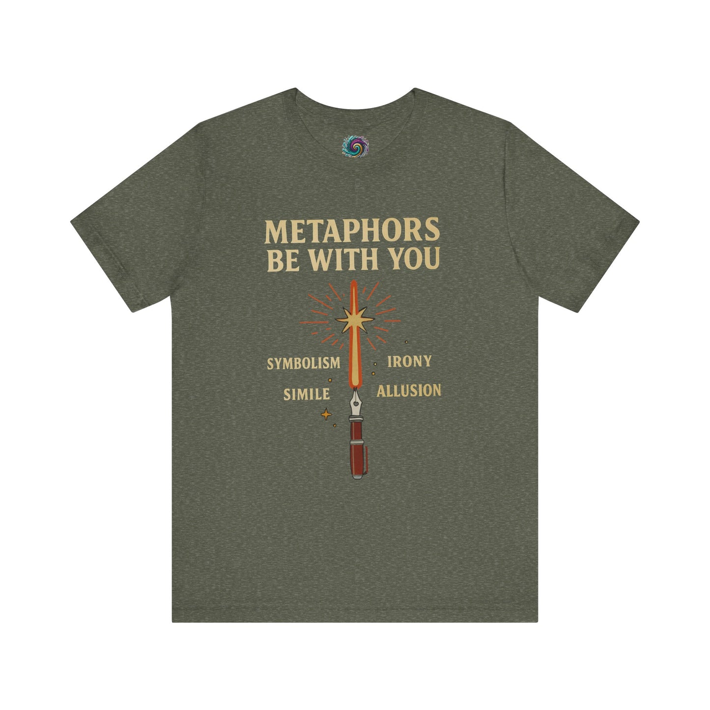 Heather Military Green t-shirt with 'Metaphors Be With You' text and graphic on a white background from WhimSpin