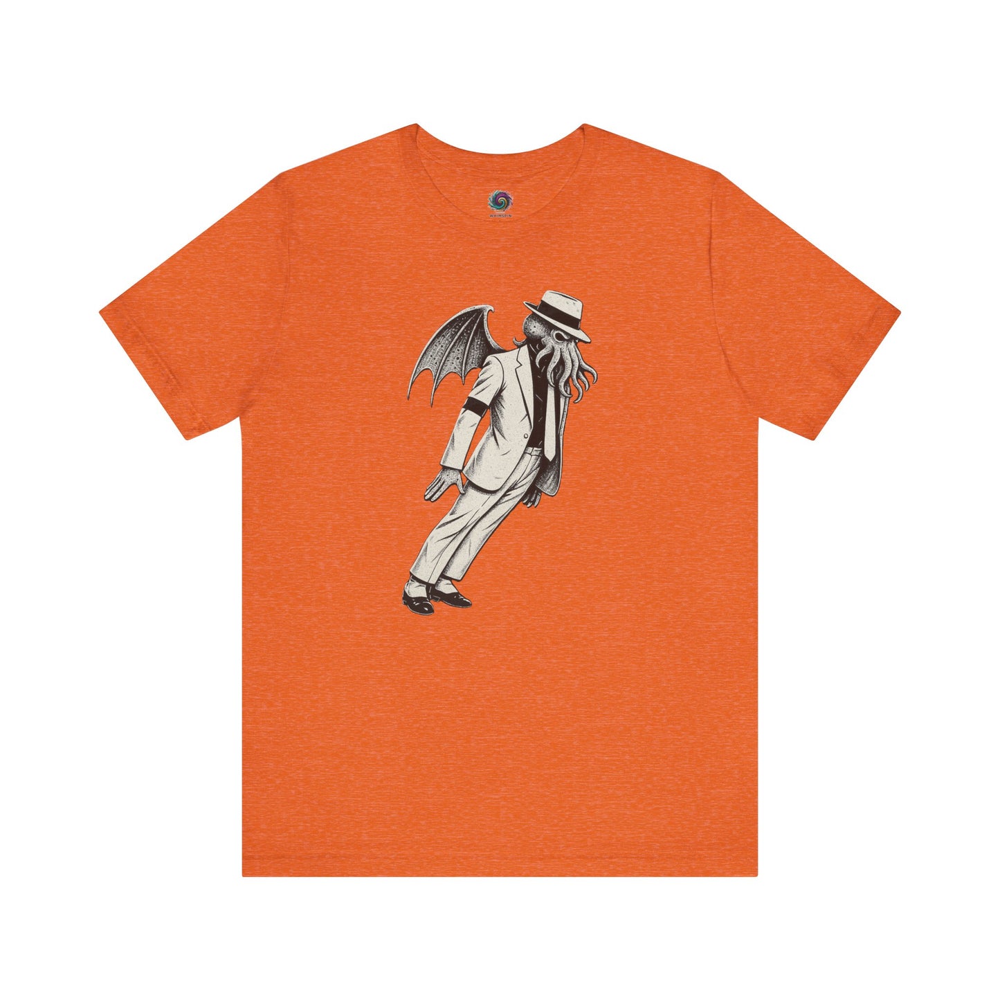 Smooth Cthulhu Unisex T-Shirt – Lovecraft Meets Smooth Criminal Style in heather orange, flat lay Cthulhu King of Pop parody design.