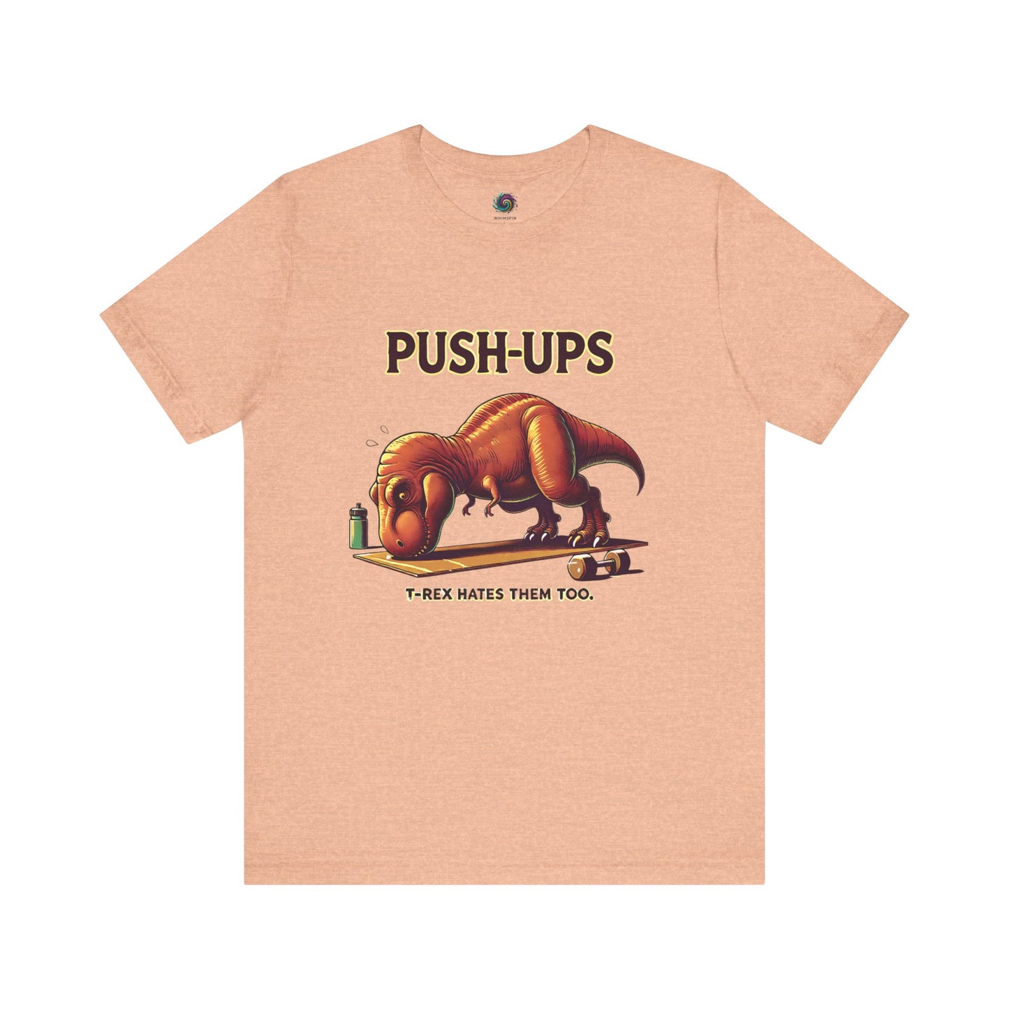 T-Rex Push-Up T-Shirt – Funny Dinosaur Workout Graphic Tee in heather peach, showcasing a goofy t rex push up design great for fitness motivation.