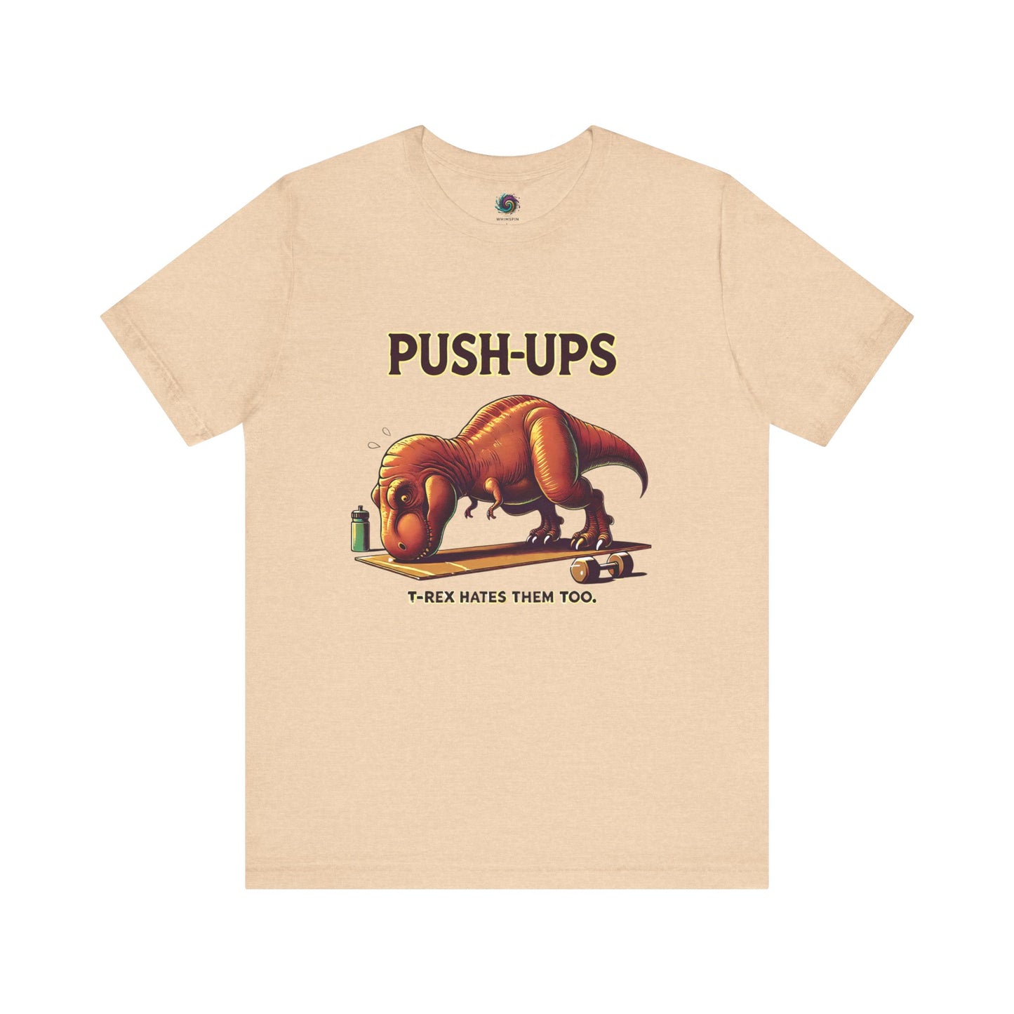 T-Rex Push-Up T-Shirt – Funny Dinosaur Workout Graphic Tee in heather sand dune, showcasing a goofy t rex push up design great for fitness motivation with workourt t rex.
