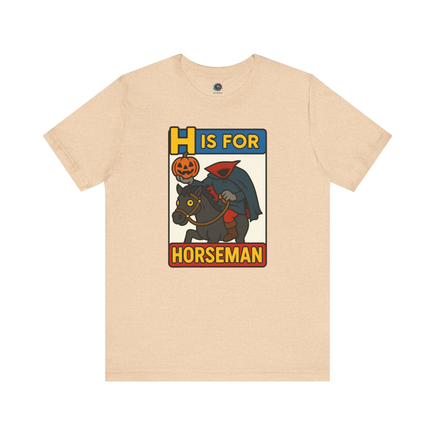 H is for Horseman T-Shirt – Headless Horseman Halloween Tee in heather sand dune, flat lay cartoon Halloween horseman design.