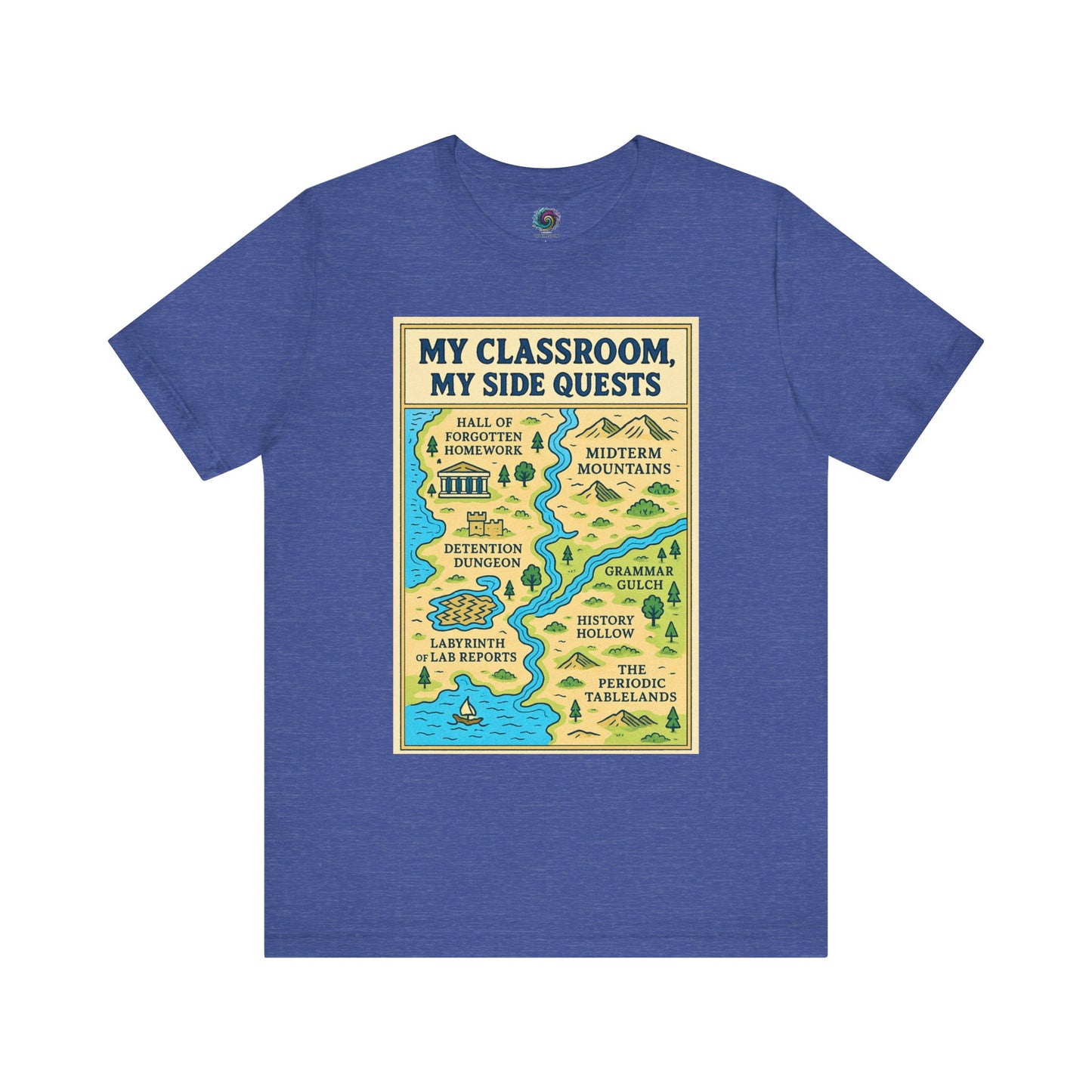 Heather Team Navy "My Classroom, My Side Quests T-Shirt" from WhimSpin The t-shirtdesign features a maptitled "MyClassroom, My Sidequest" and has classroom themed landmarks.