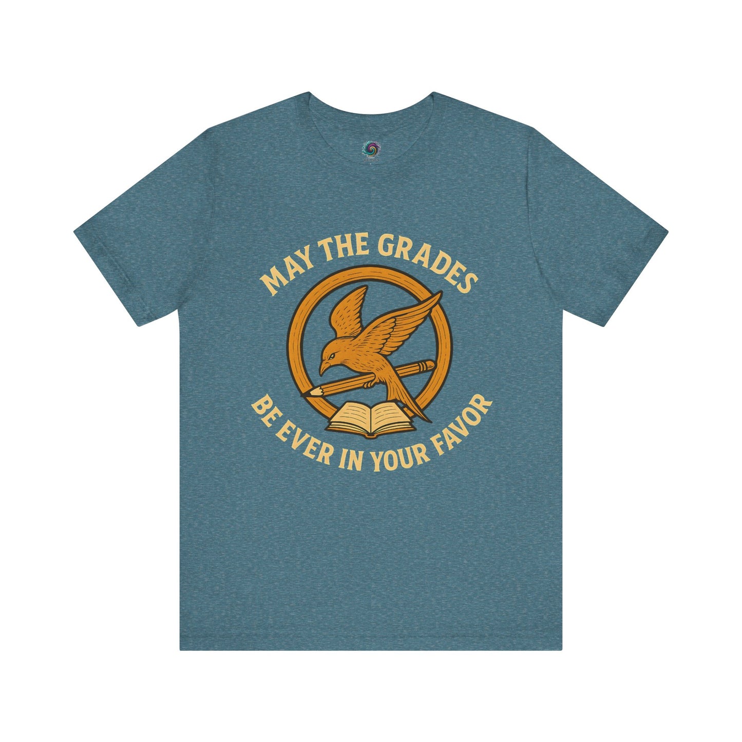 Heather aqua "May the Grades Be Ever In Your Favor" by WhimSpin. The image on the shirt features a parody of the Mockijay design from the cover of the Hunger Games books