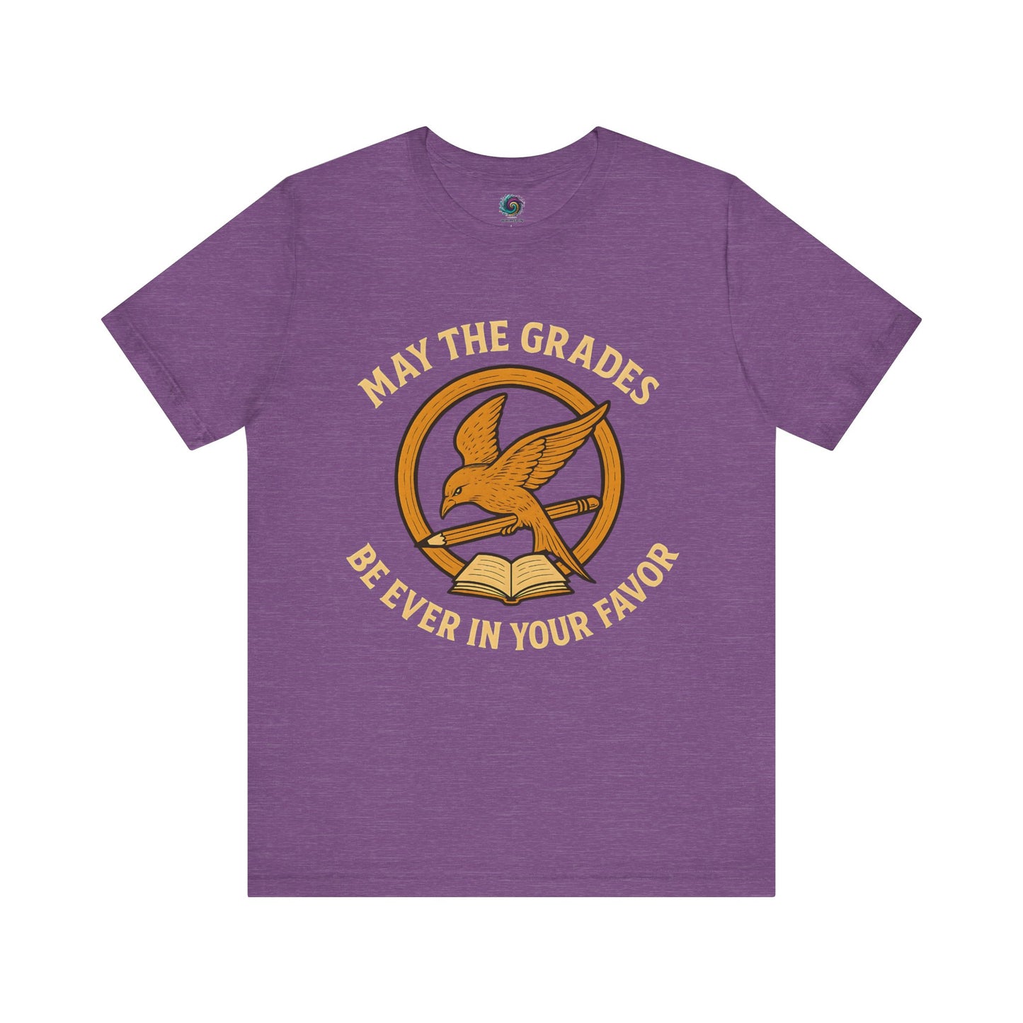 Heather purple "May the Grades Be Ever In Your Favor" by WhimSpin. The image on the shirt features a parody of the Mockijay design from the cover of the Hunger Games books