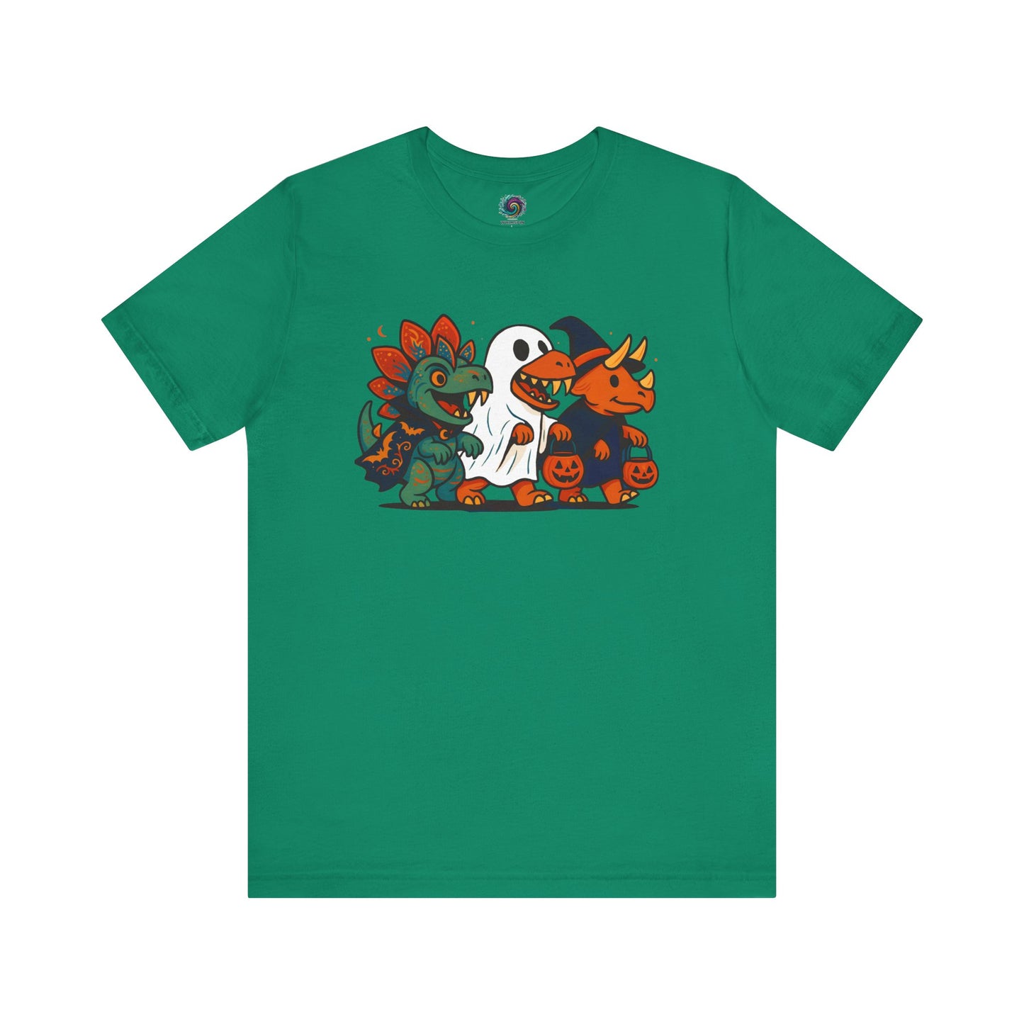 Kelly Green t-shirt with cartoon dinosaurs wearing costumes and trick-or-treating design on a white background