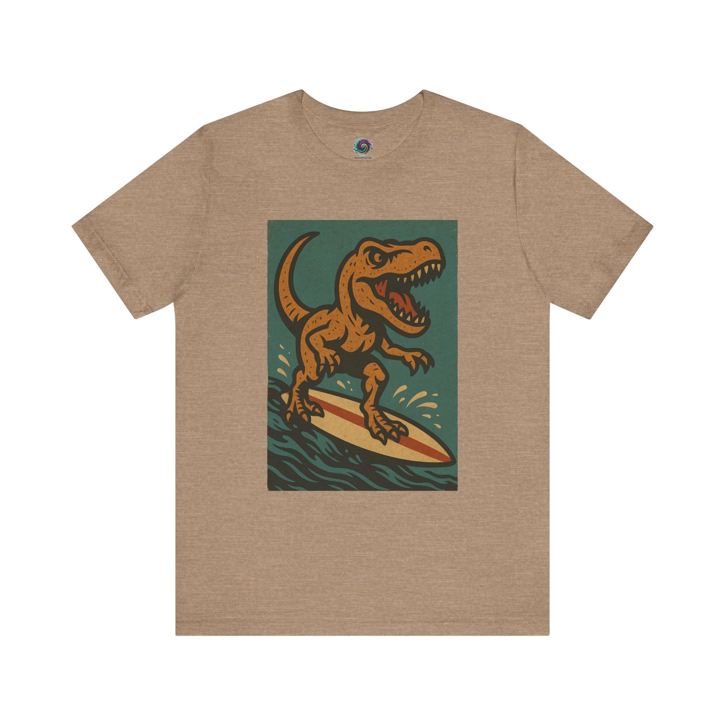 Surfing T-Rex T-Shirt – Funny surfing Dinosaur Graphic Tee in heather tan, featuring a dinosaur surf scene — a chill pick for your next beach trip.
