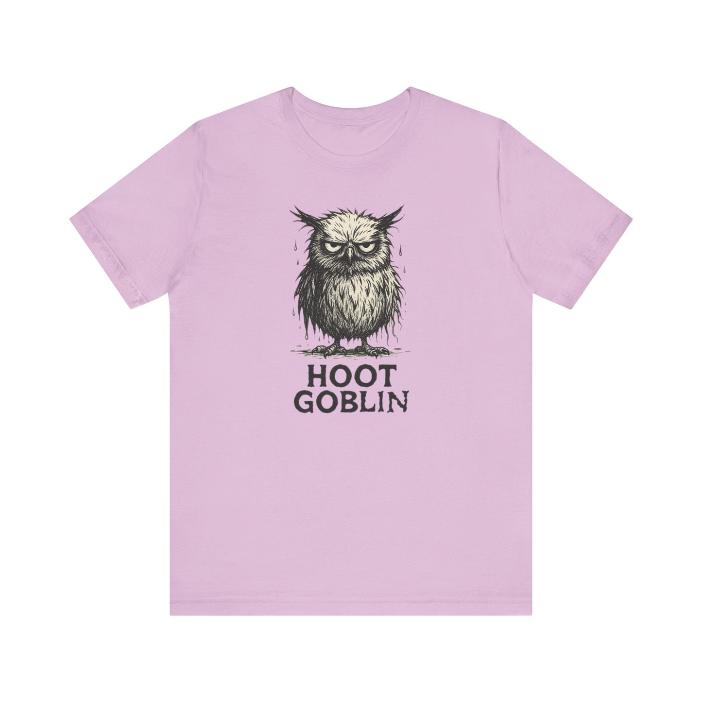 Light purple owl t-shirt with 'Hoot Goblin' graphic on a white background