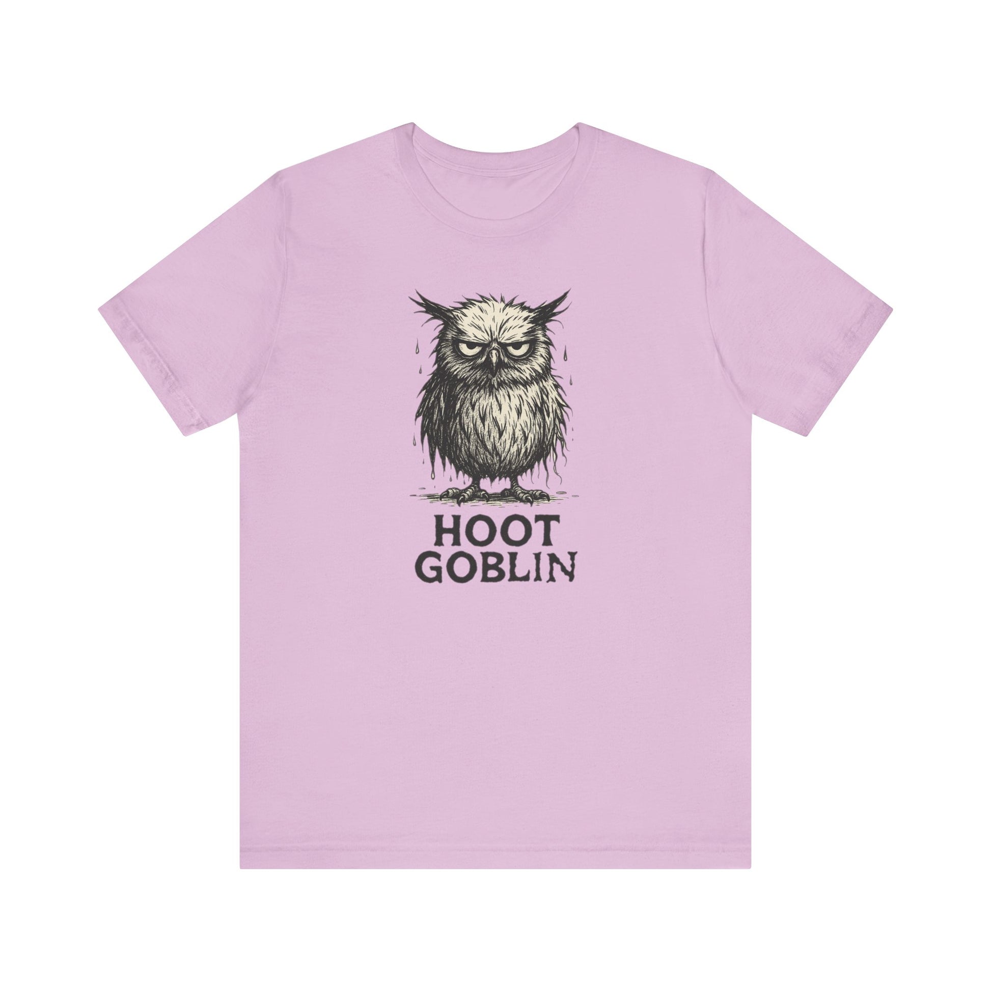 Light purple owl t-shirt with 'Hoot Goblin' graphic on a white background