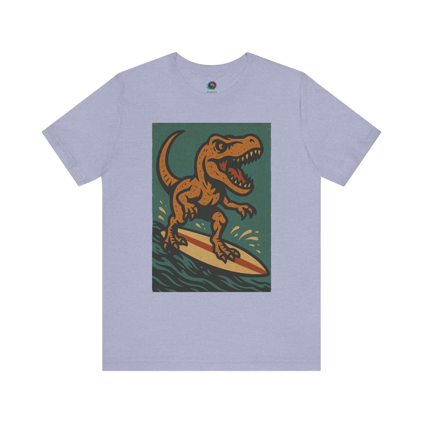 Lavender Surfing t-rex t shirt from WhimSpin- A rearing t Rex riding a yellow surf board on the waves