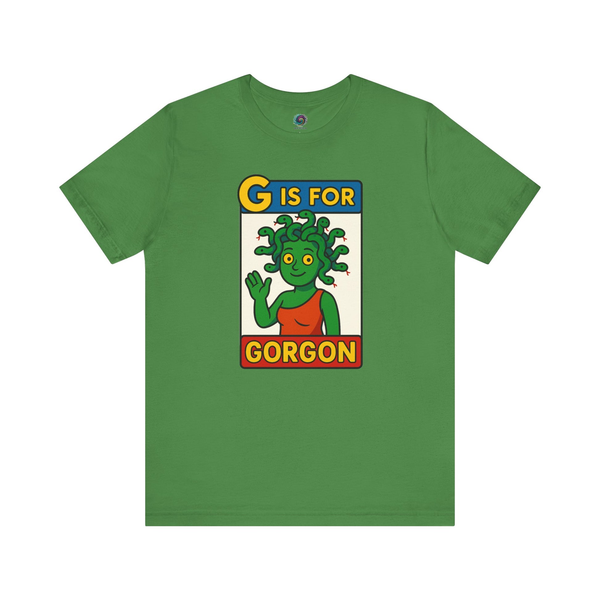 Leaf-colored G is for Gorgon shirt featuring green gorgon head cartoon, halloween gorgon shirt variant.
