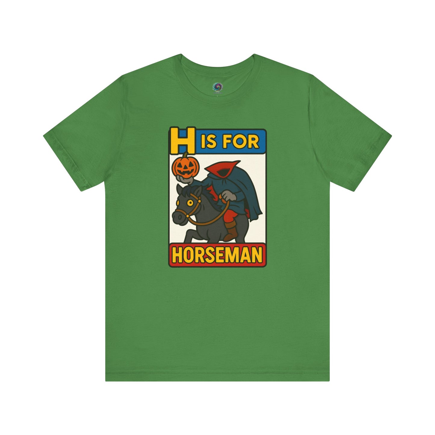 H is for Horseman T-Shirt – Headless Horseman Halloween Tee in leaf, flat lay design with Halloween horseman alphabet artwork.