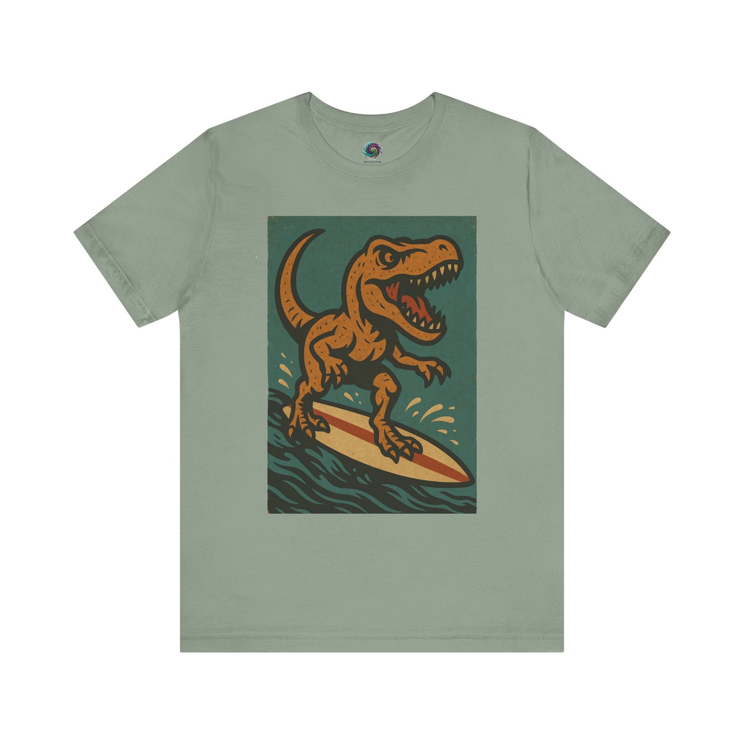 Light green Surfing t-rex t shirt from WhimSpin- A rearing t Rex riding a yellow surf board on the waves