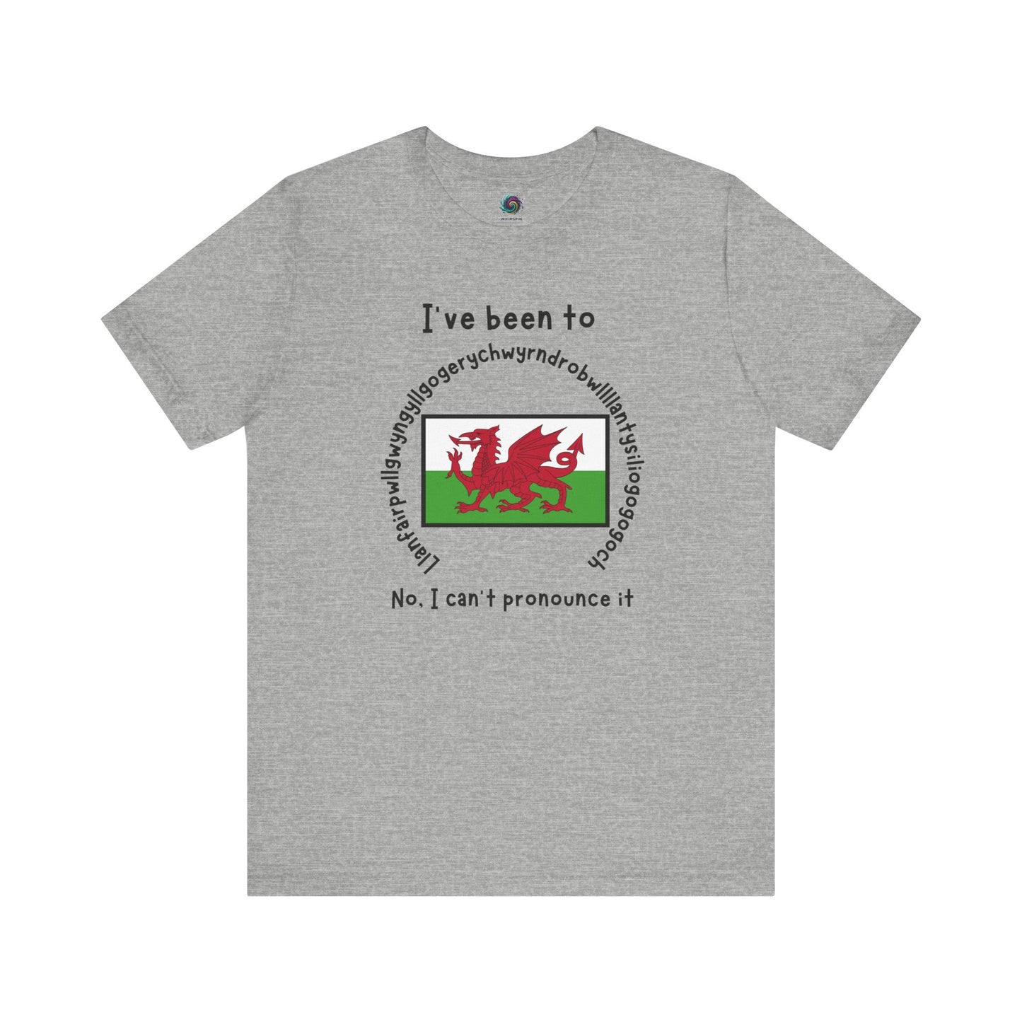 Llanfairpwllgwyngyllgogerychwyrndrobwllllantysiliogogogoch T-Shirt – Funny Wales Travel Merch in athletic heather with Welsh flag and humorous text design.