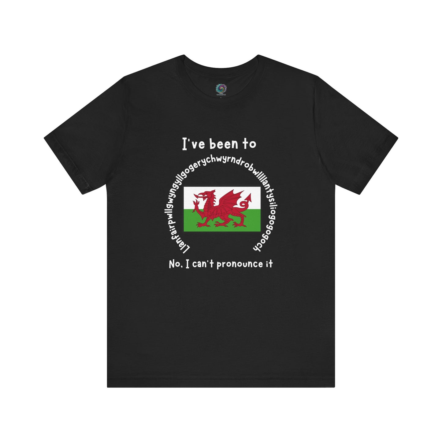 Llanfairpwllgwyngyllgogerychwyrndrobwllllantysiliogogogoch T-Shirt – Funny Wales Travel Merch in classic black featuring the long Welsh town name circling a red dragon flag.