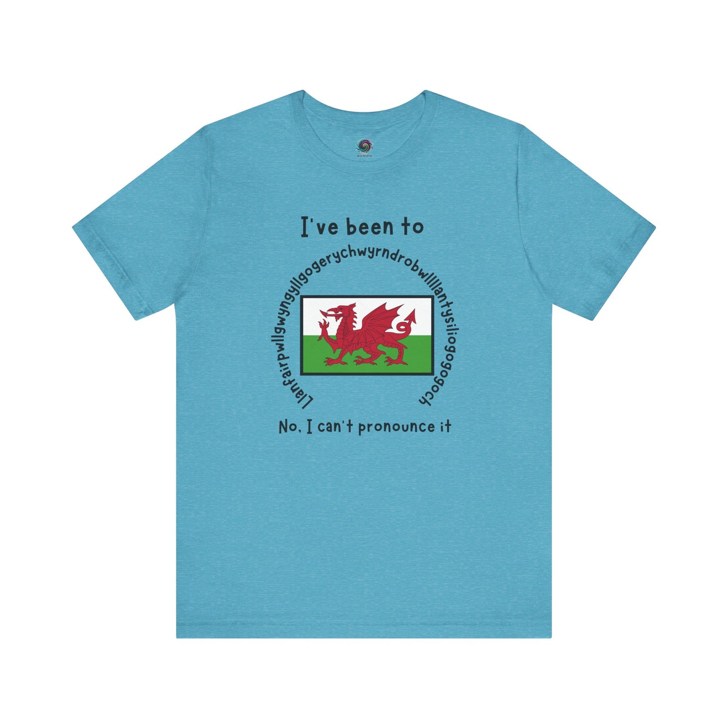 Llanfairpwllgwyngyllgogerychwyrndrobwllllantysiliogogogoch T-Shirt – Funny Wales Travel Merch in soft heather aqua with clean type and central flag detail.