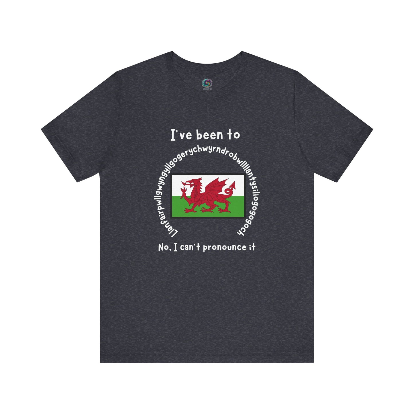 Llanfairpwllgwyngyllgogerychwyrndrobwllllantysiliogogogoch T-Shirt – Funny Wales Travel Merch in heather navy blue with long place name and red dragon flag artwork.