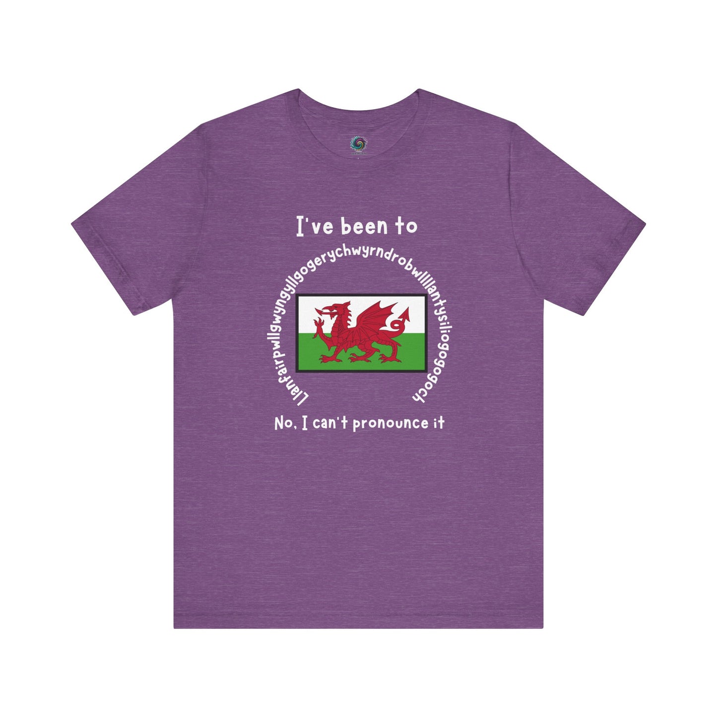 Llanfairpwllgwyngyllgogerychwyrndrobwllllantysiliogogogoch T-Shirt – Funny Wales Travel Merch in rich heather purple with tongue-twister town name and national flag.