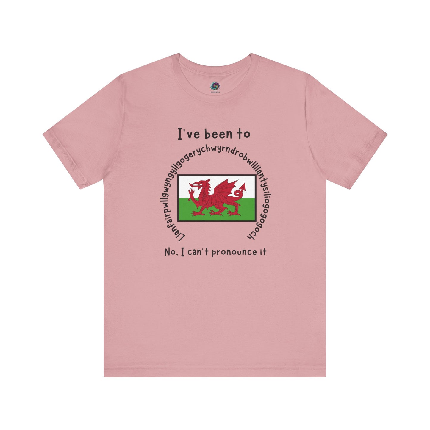 Llanfairpwllgwyngyllgogerychwyrndrobwllllantysiliogogogoch T-Shirt – Funny Wales Travel Merch in orchid purple, featuring quirky destination name wrapped around a flag.