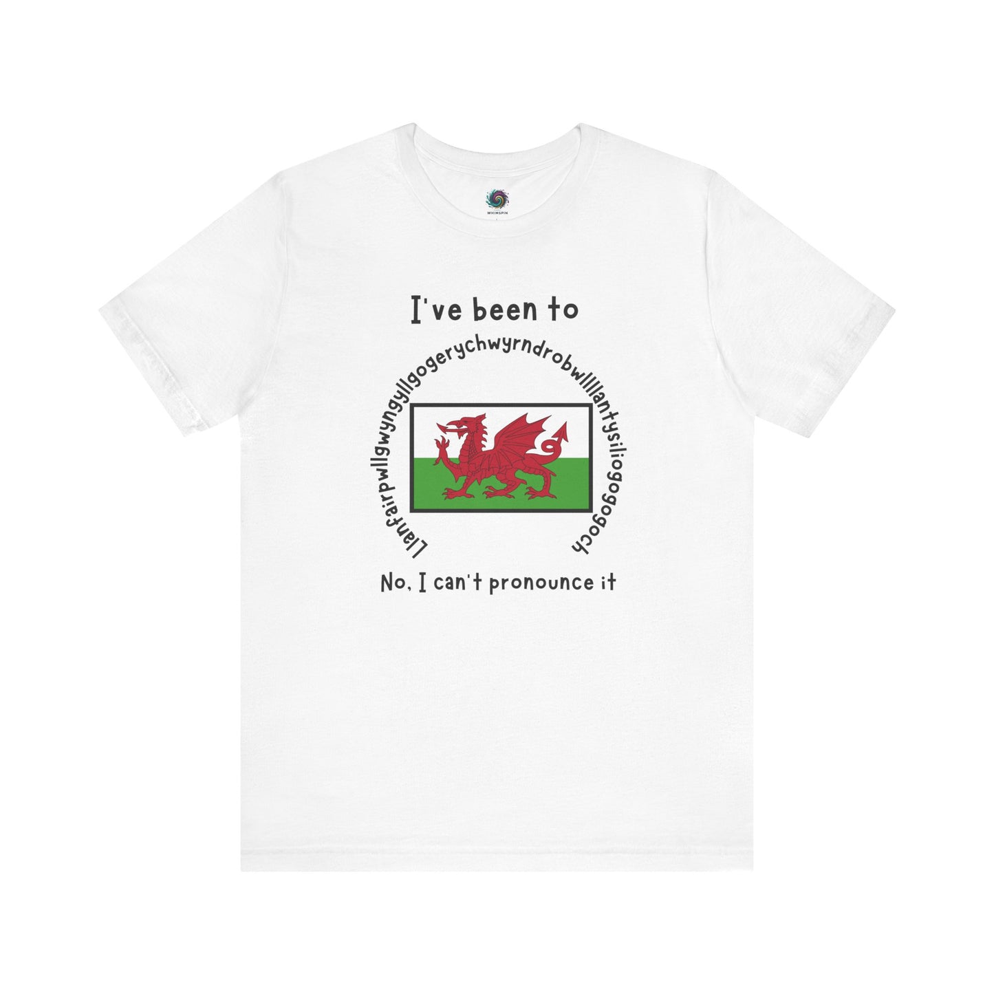 Llanfairpwllgwyngyllgogerychwyrndrobwllllantysiliogogogoch T-Shirt – Funny Wales Travel Merch in crisp white, highlighting the full place name around a red dragon.