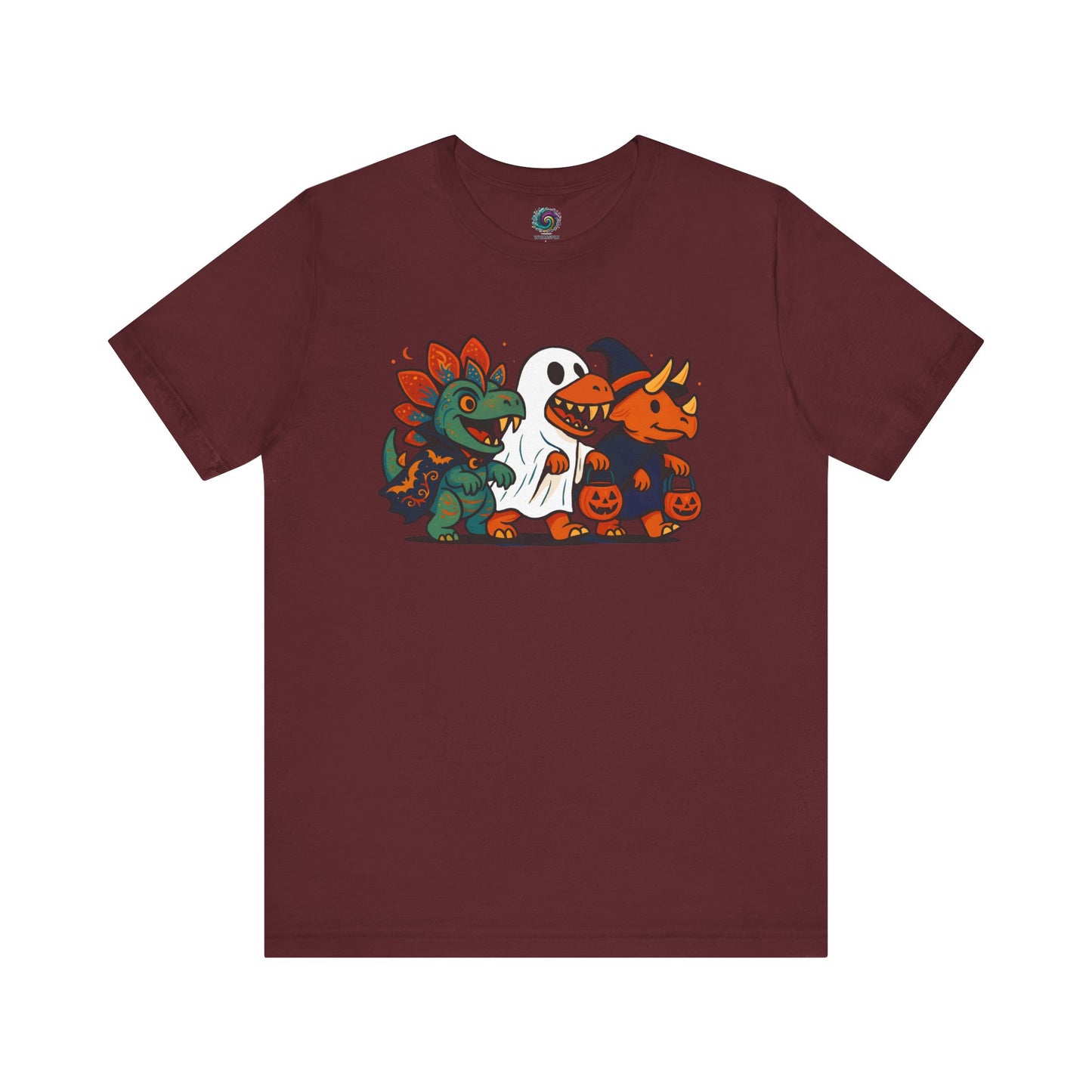 Maroon t-shirt with Halloween-themed dinosaur graphics on a white background