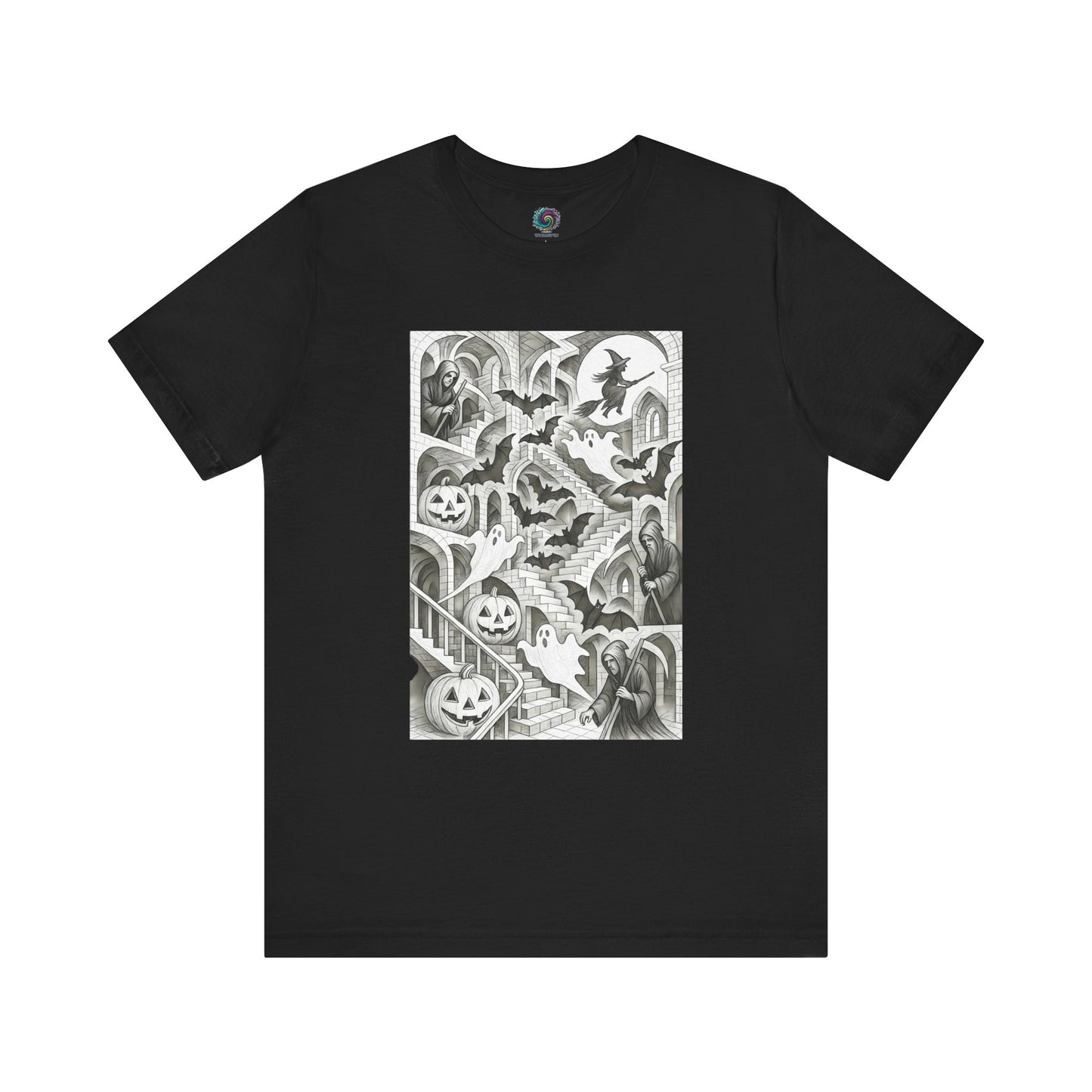 Black Halloween t-shirt with Escher-style stair illusion and ghosts, vampires, bats, and jack-o-lanterns