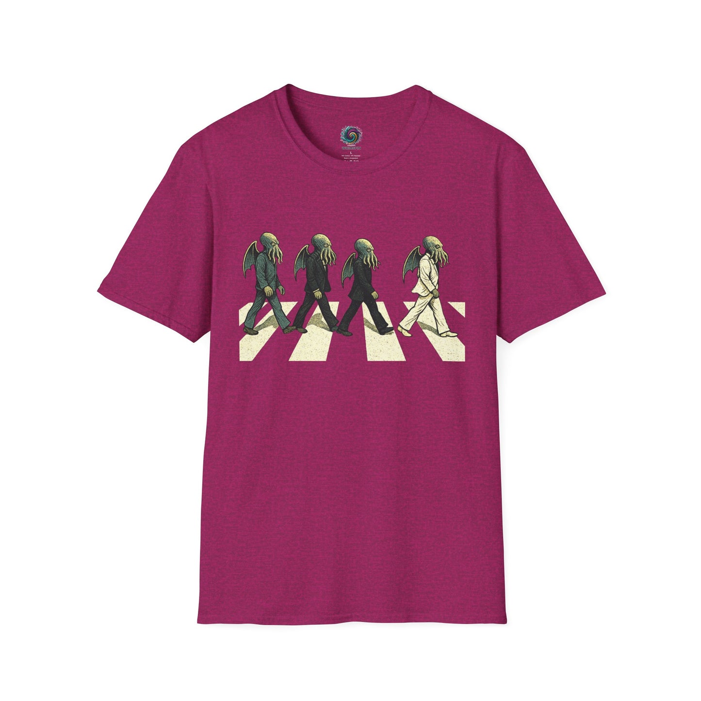 MAgenta t-shirt with a graphic of four Cthulhus wearing suits crossing a zebra crossing on a white background