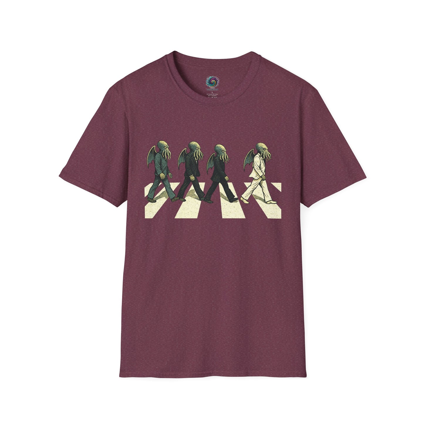 Maroon Cthulhu Crossing T-Shirt – Beatles Abbey Road Parody Tee | WhimSpin - WhimSpin - https://whimspin.com