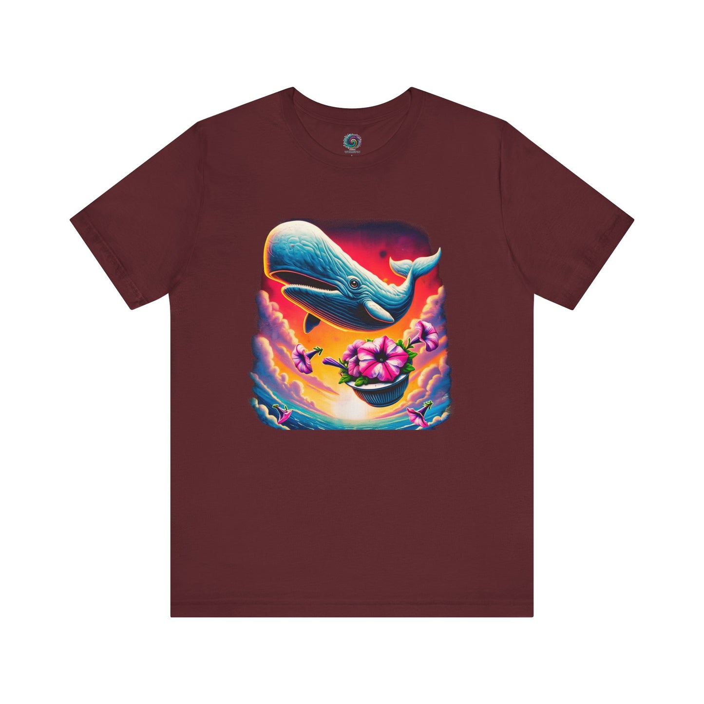 Oh No Not Again Petunias and Whale Tee – surreal oh no not again petunias shirt in maroon with colorful comic-style whale and flower design