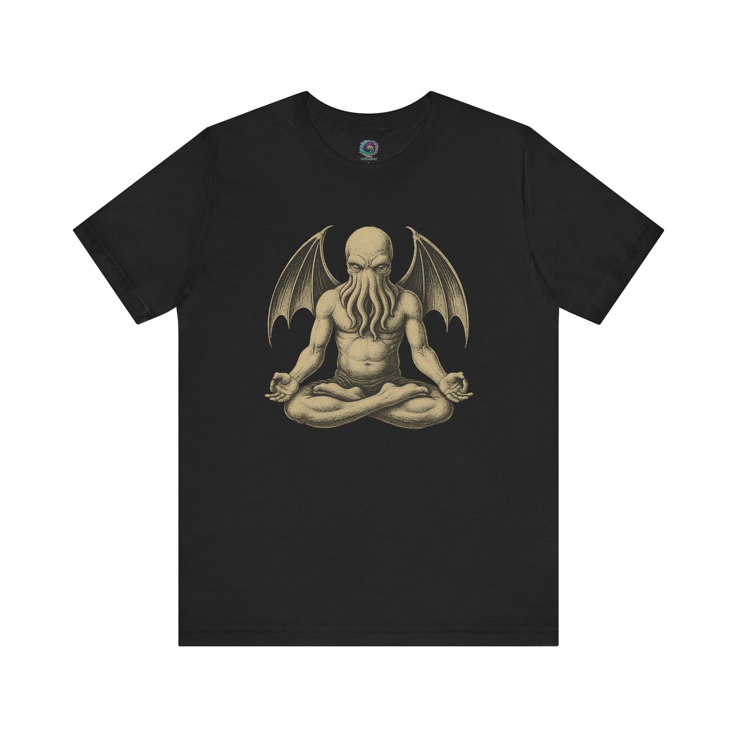 Meditating Cthulhu Shirtt – Unisex Mythos Tee for Sci-Fi & Festival Fans in black, featuring a stylized zen Cthulhu illustration, ideal for mythos fans and lovers of the meditating Cthulhu shirt aesthetic.