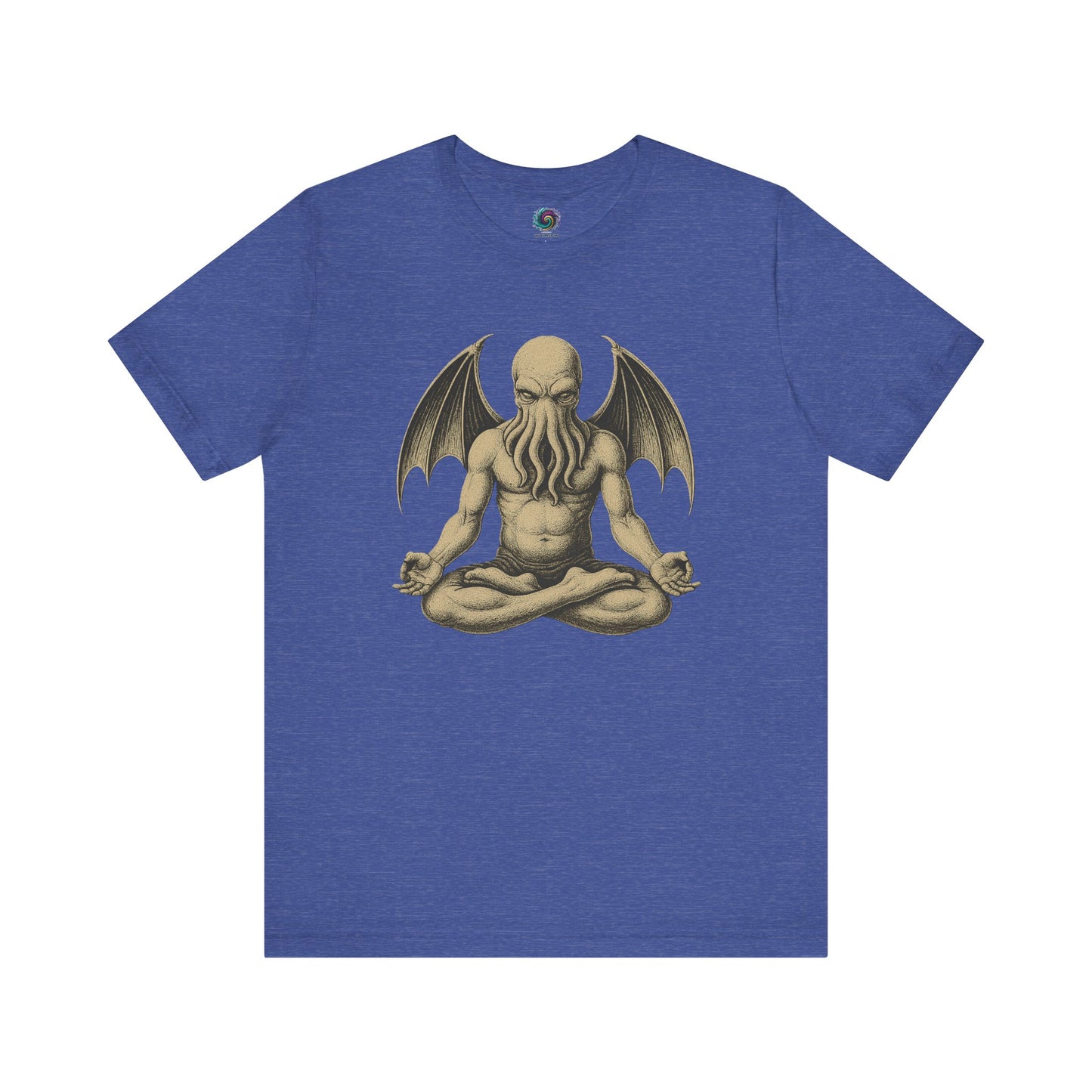 Meditating Cthulhu Shirt – Unisex Mythos Tee for Sci-Fi & Festival Fans in heather true royal, offering a mystical, calming Lovecraft design in cool tones.
