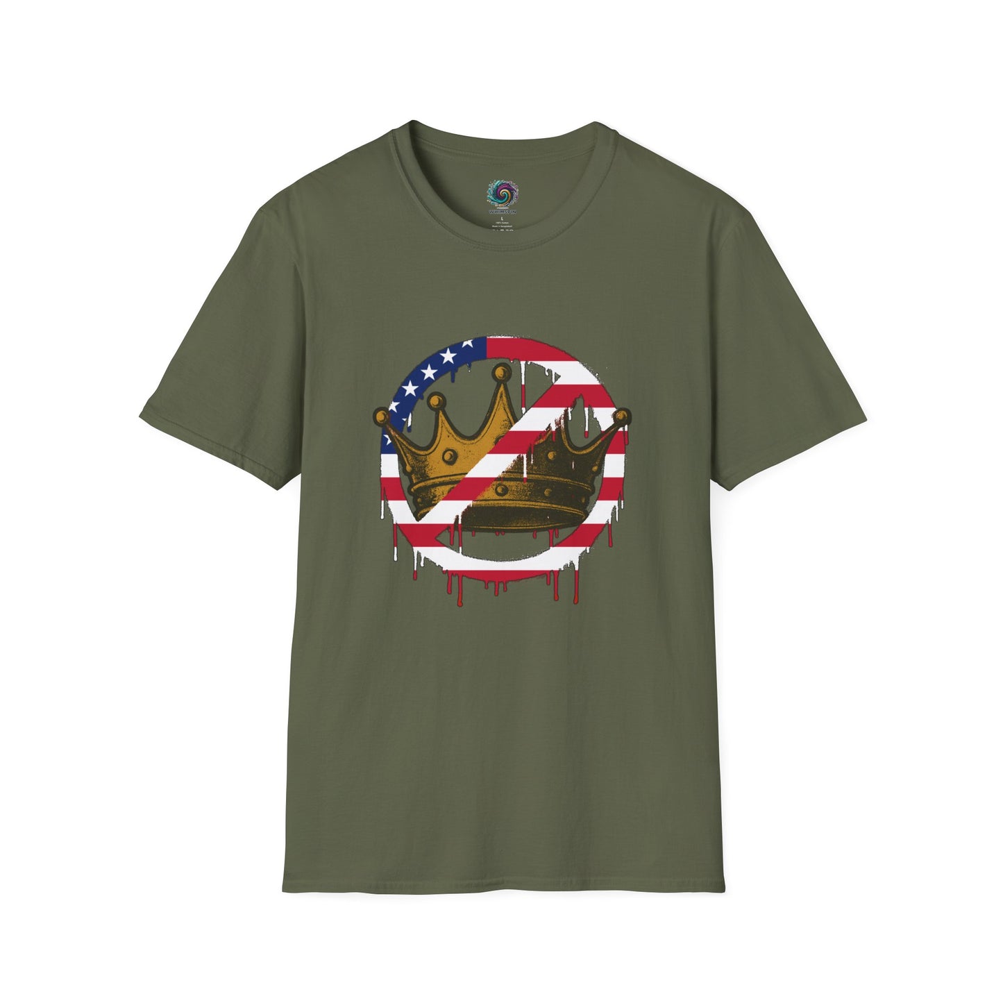 Military Green No Kings Protest T-Shirt from WhimSpin with a graphic design featuring a crown with the "no" slashed circle symbol drawn in an American flag pattern on a white background