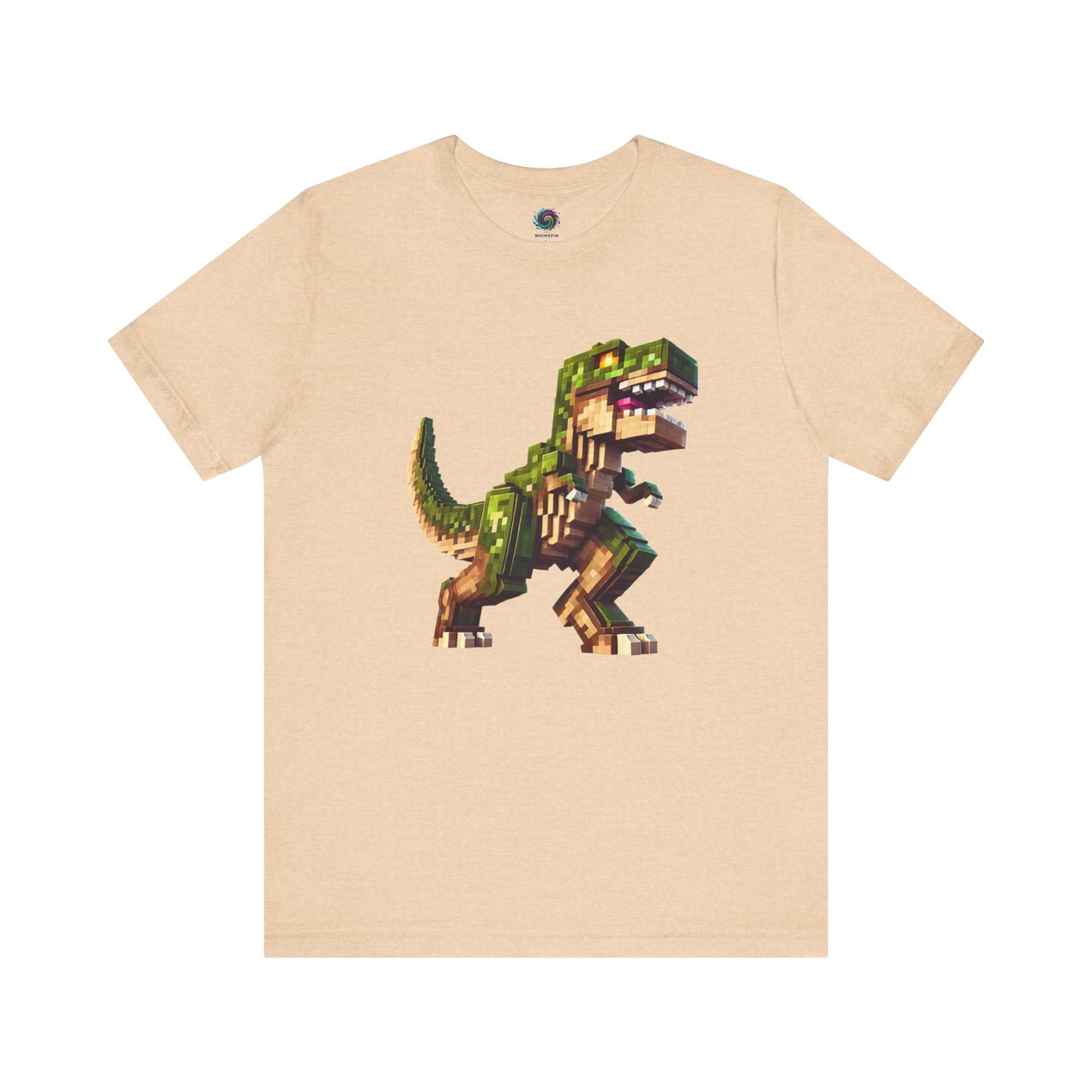 Pixel Dinosaur Graphic T-Shirt – Retro Unisex Tee for Adult Dino Fans in heather sand dune with colorful pixel dinosaur design.