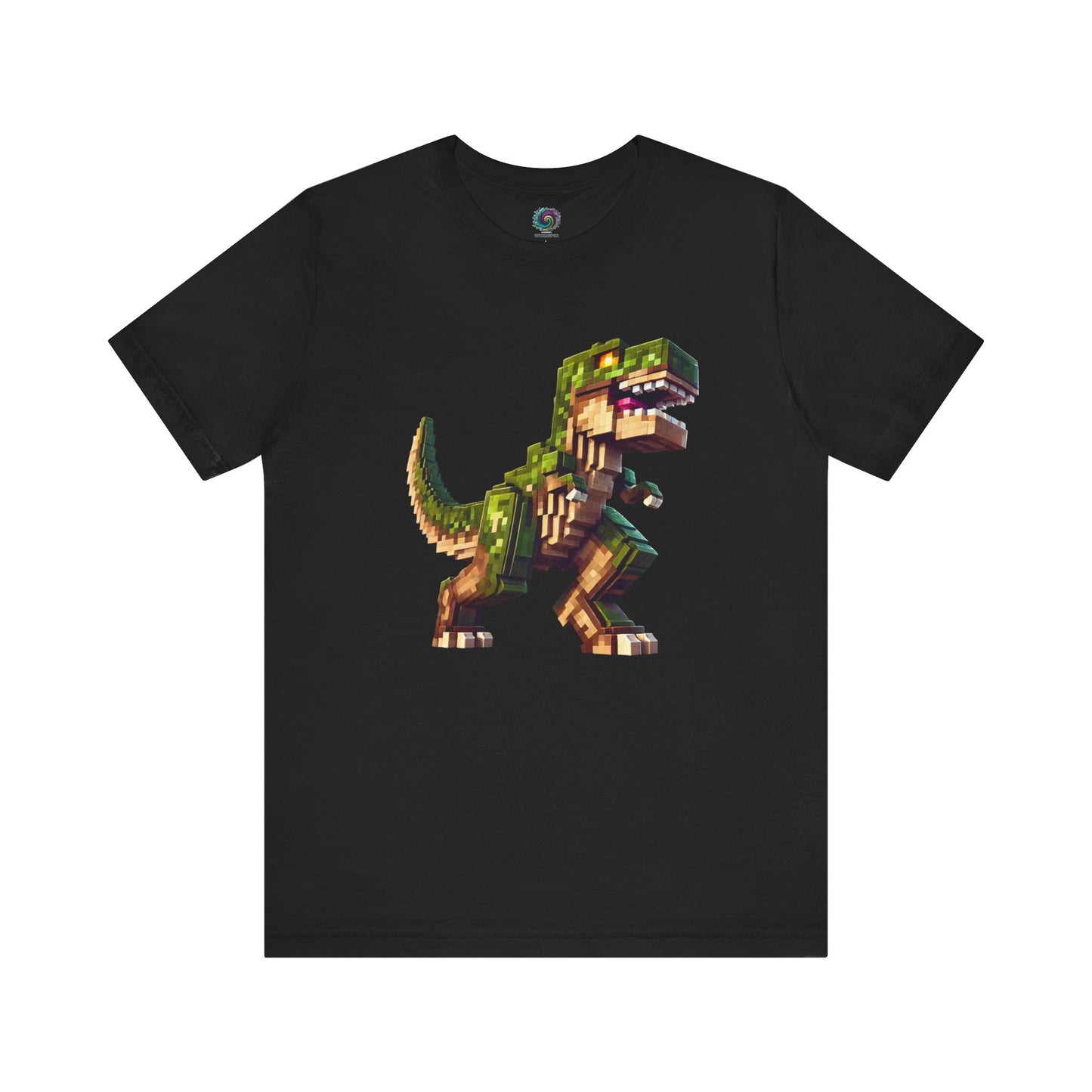 Pixel Dinosaur Graphic T-Shirt – Retro Unisex Tee for Adult Dino Fans in classic black with blocky dinosaur design.